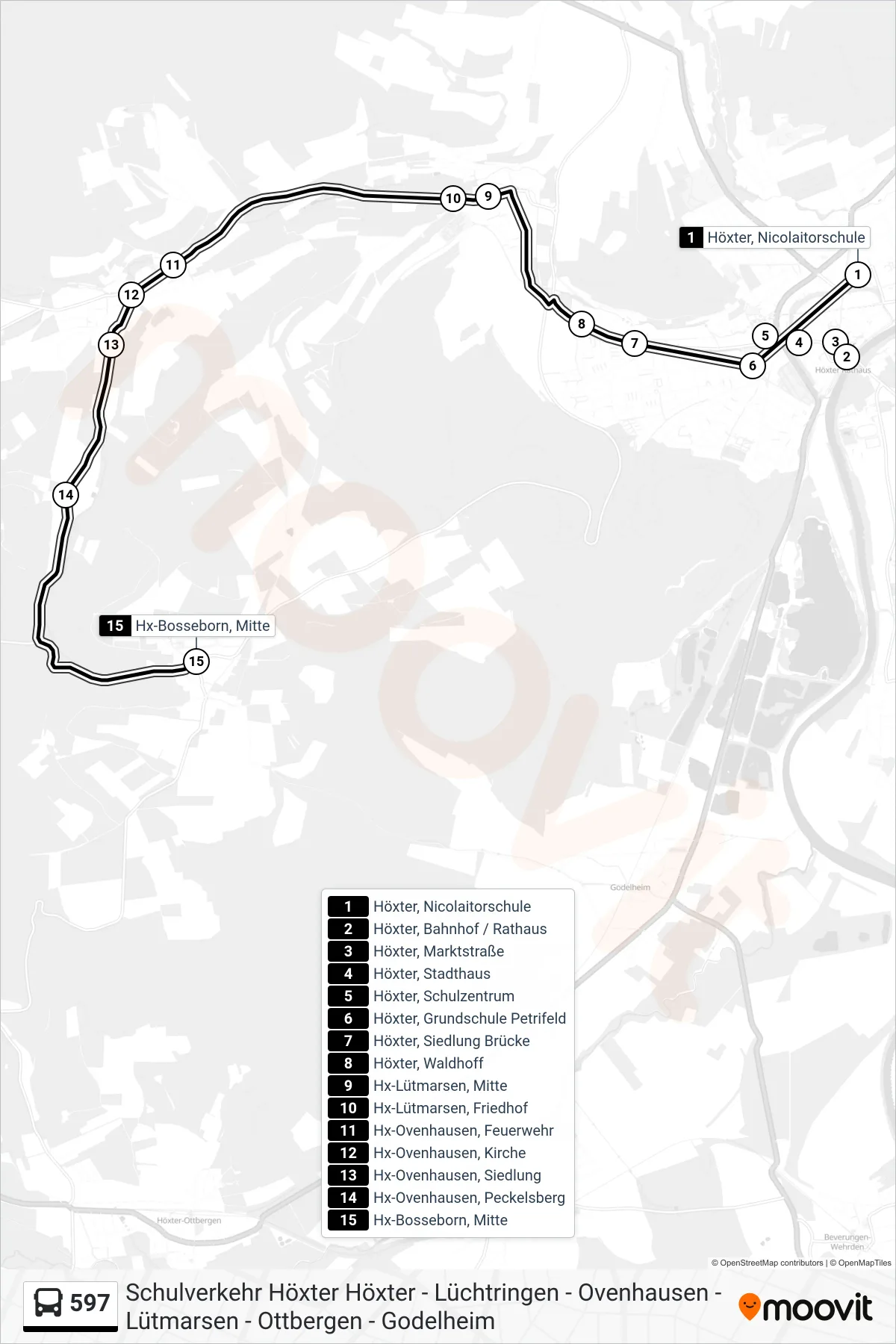 597 bus Line (Hx-Bosseborn, Mitte) route and stops on a map