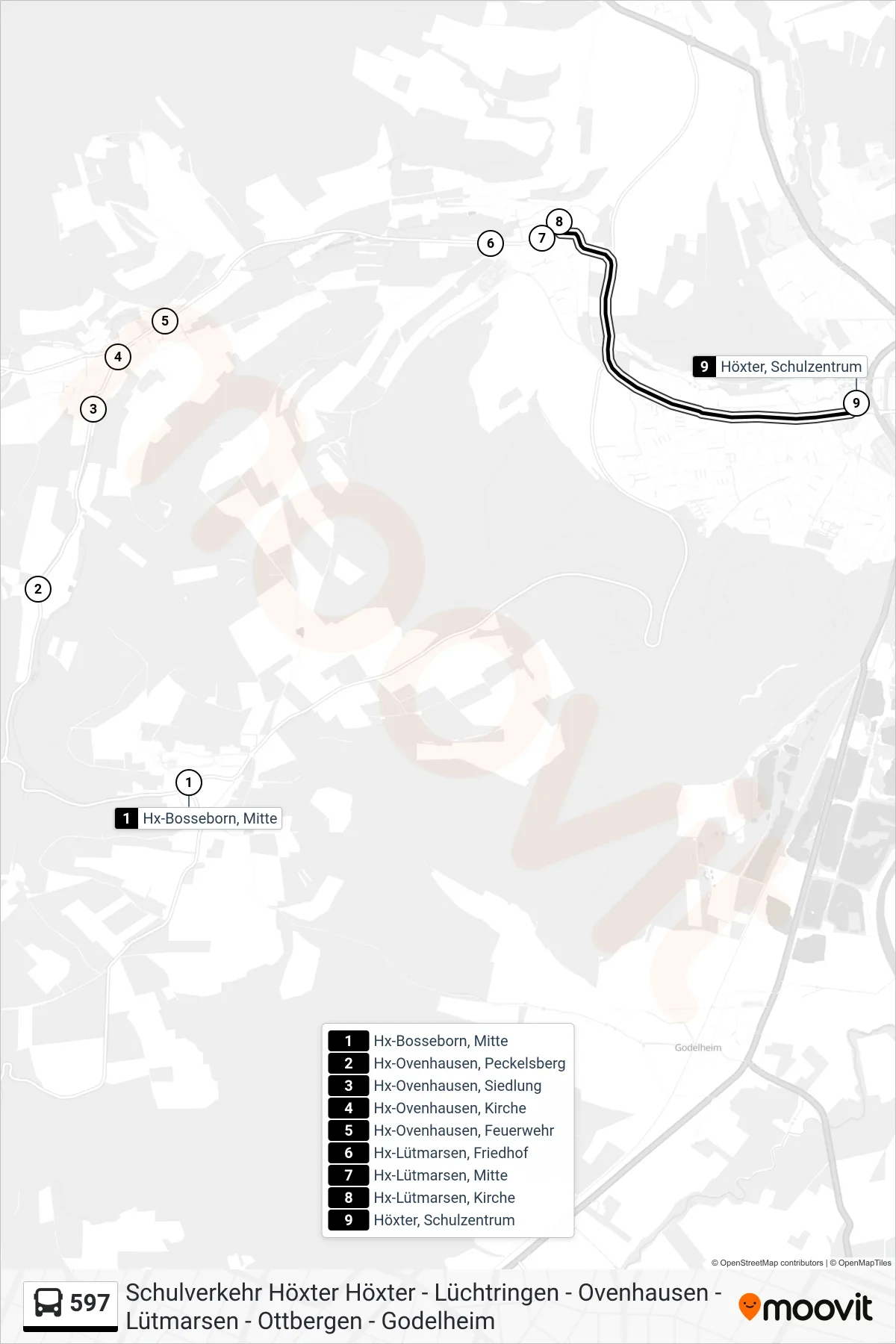 597 bus Line (Höxter, Schulzentrum Bstg 2) route and stops on a map