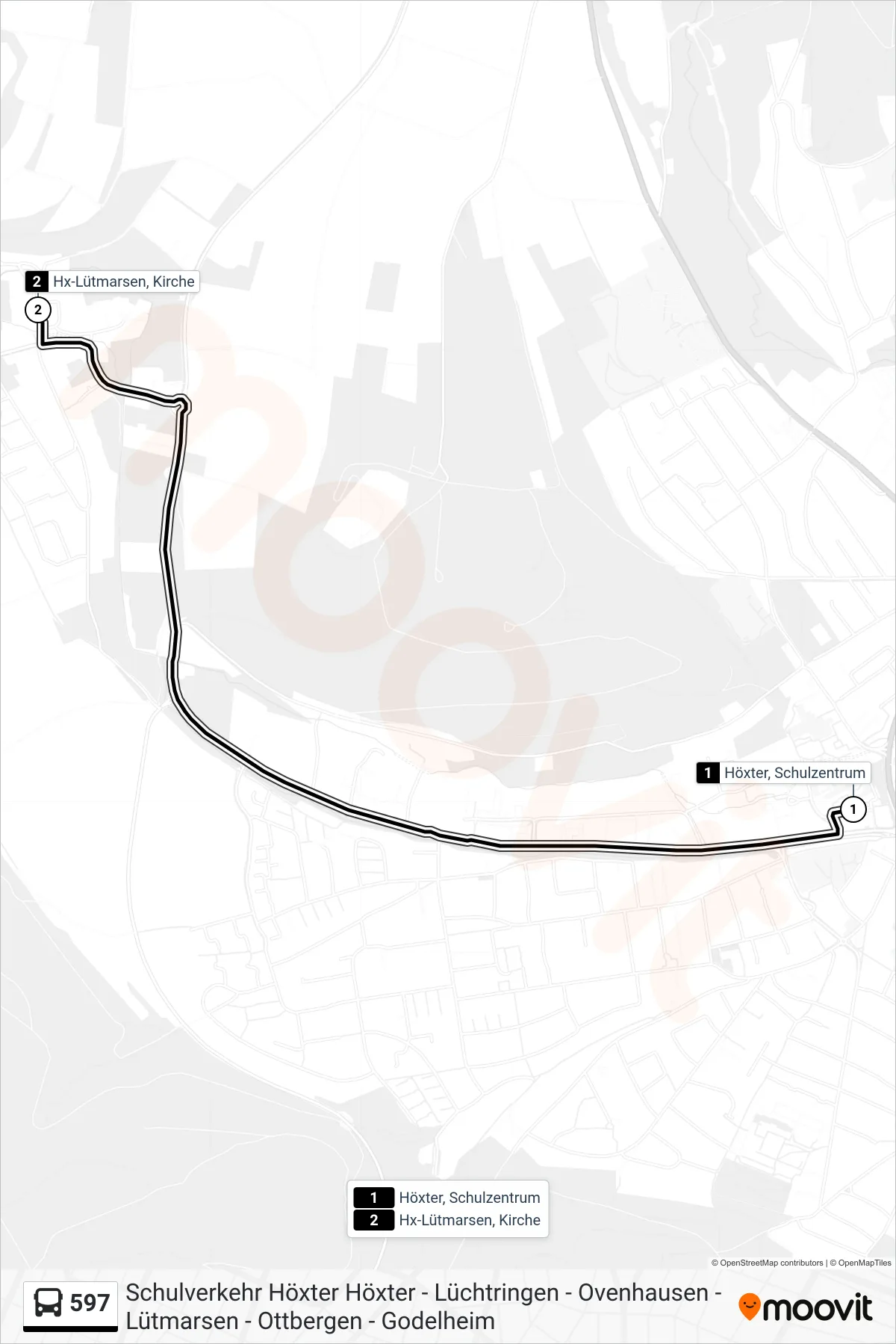 597 bus Line (Hx-Lütmarsen, Kirche) route and stops on a map