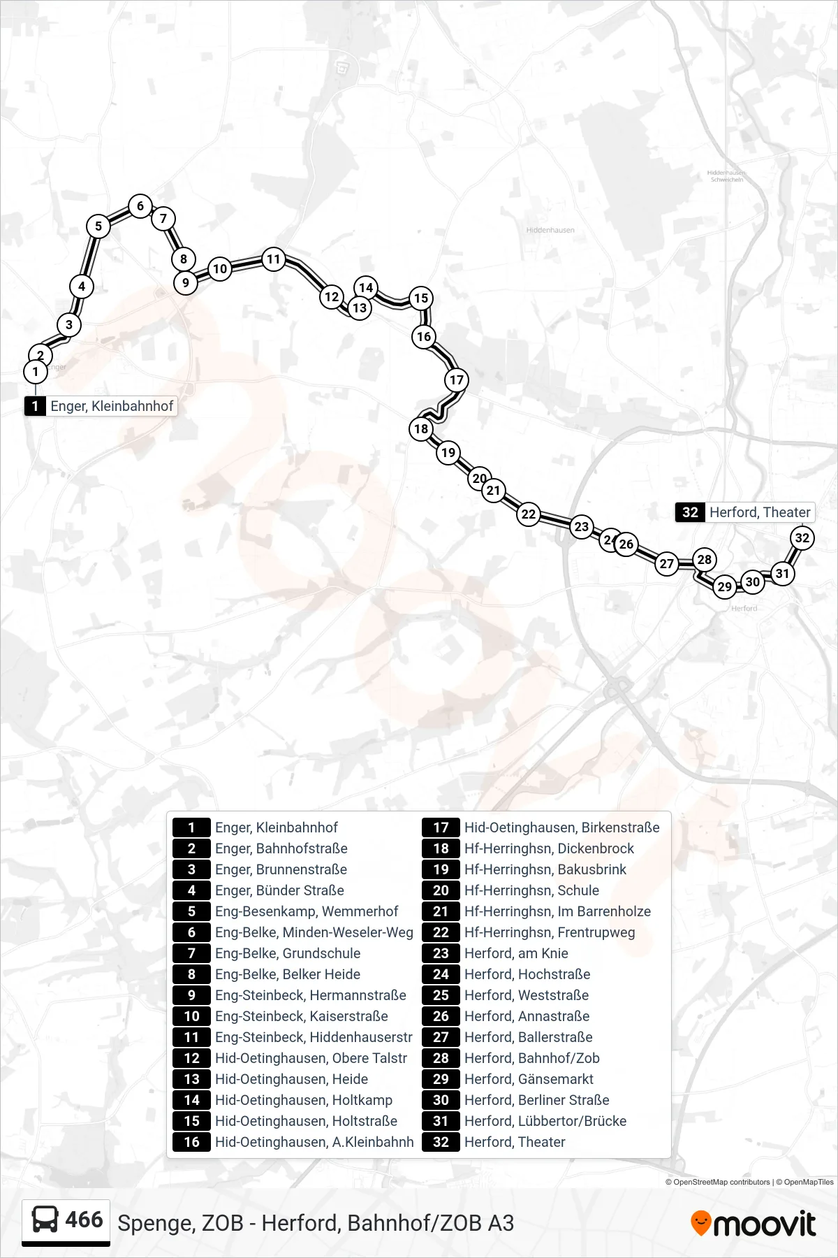 466 bus Line (Herford, Theater) route and stops on a map