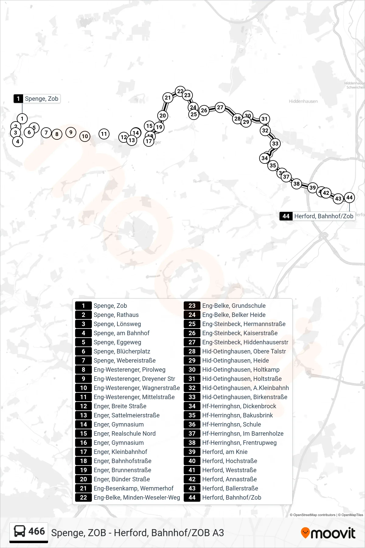 466 bus Line (Herford, Bahnhof/Zob A1) route and stops on a map