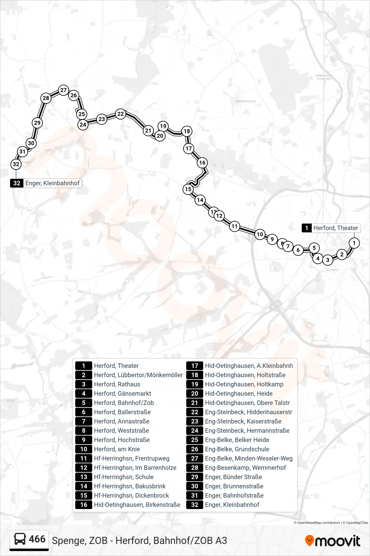 466 bus Line (Enger, Kleinbahnhof) route and stops on a map