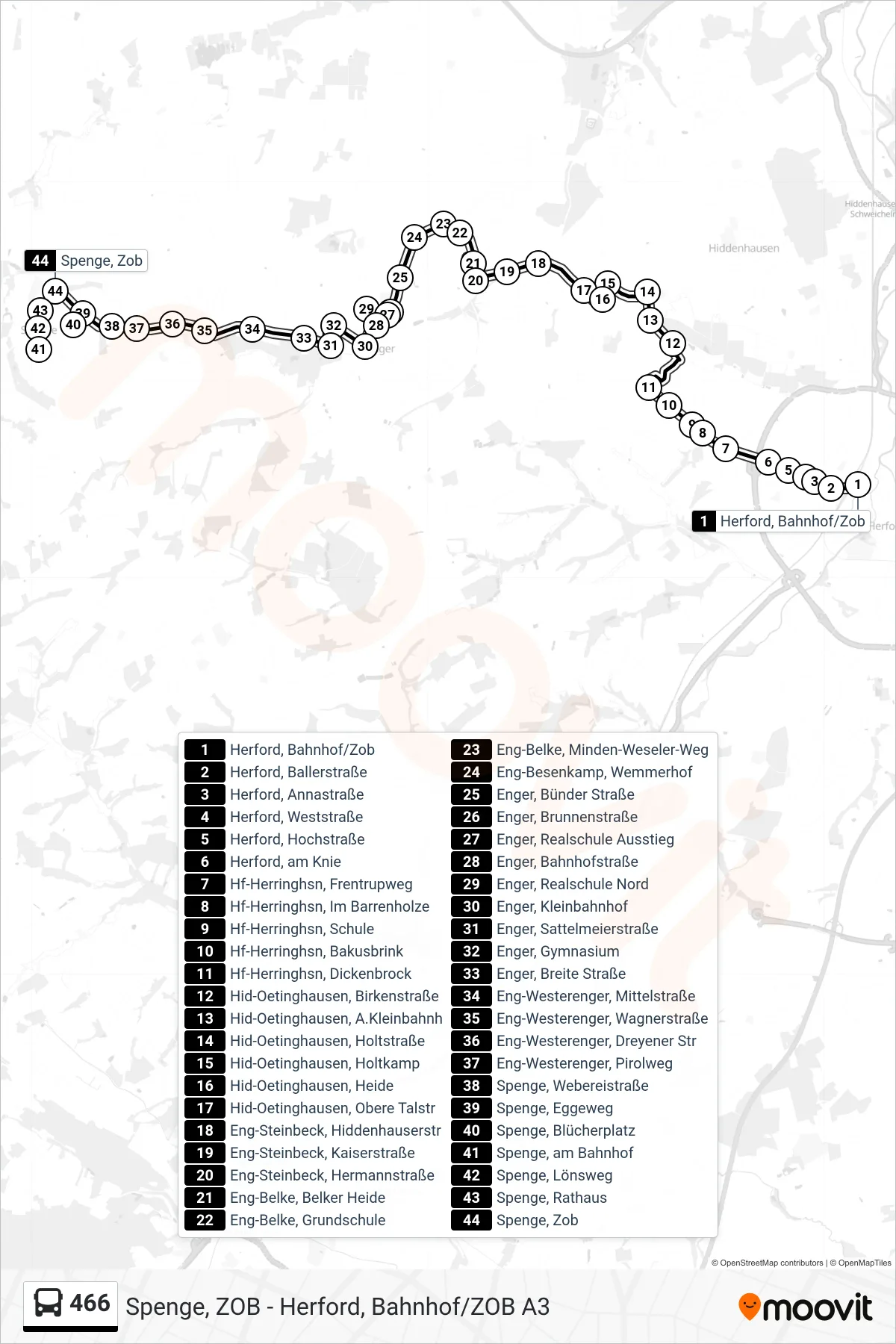 466 bus Line (Spenge, Zob) route and stops on a map