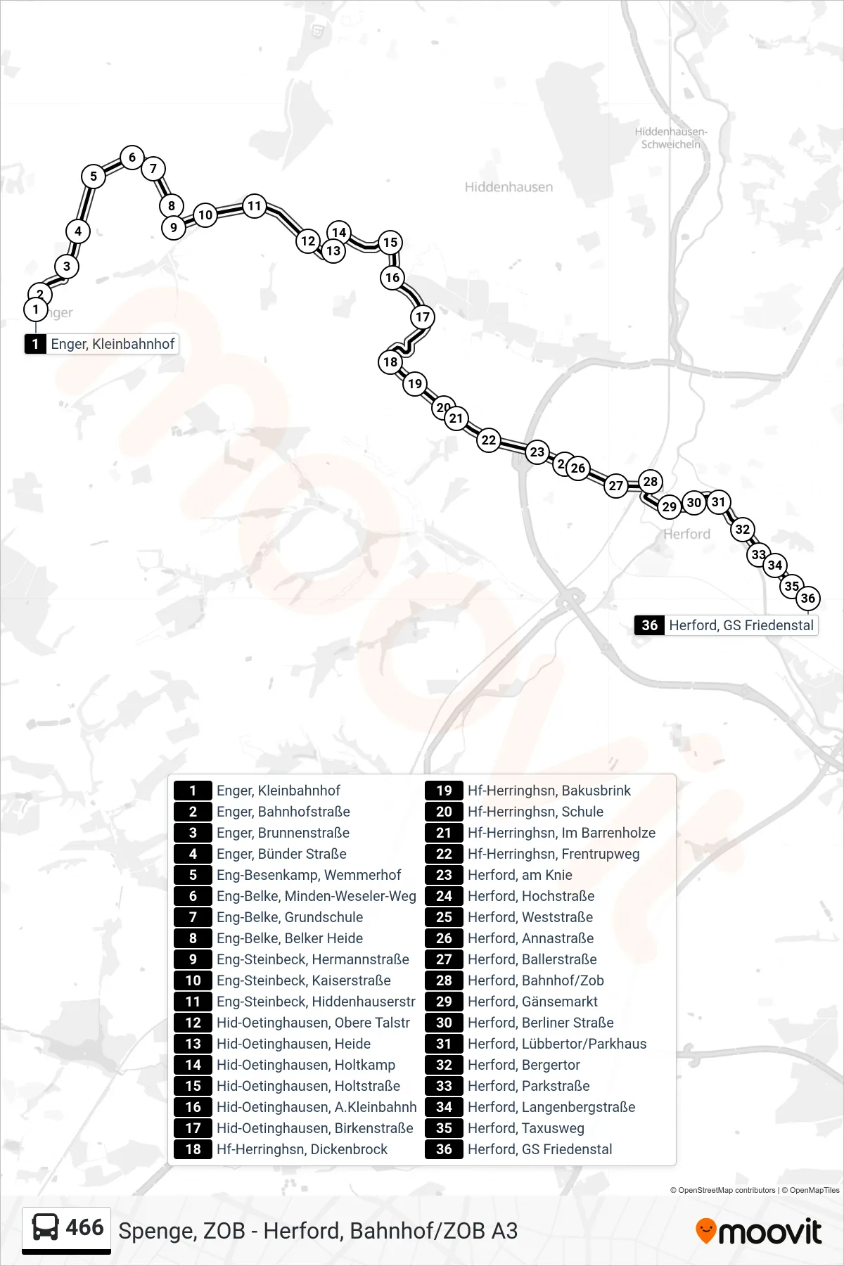 466 bus Line (Herford, GS Friedenstal) route and stops on a map