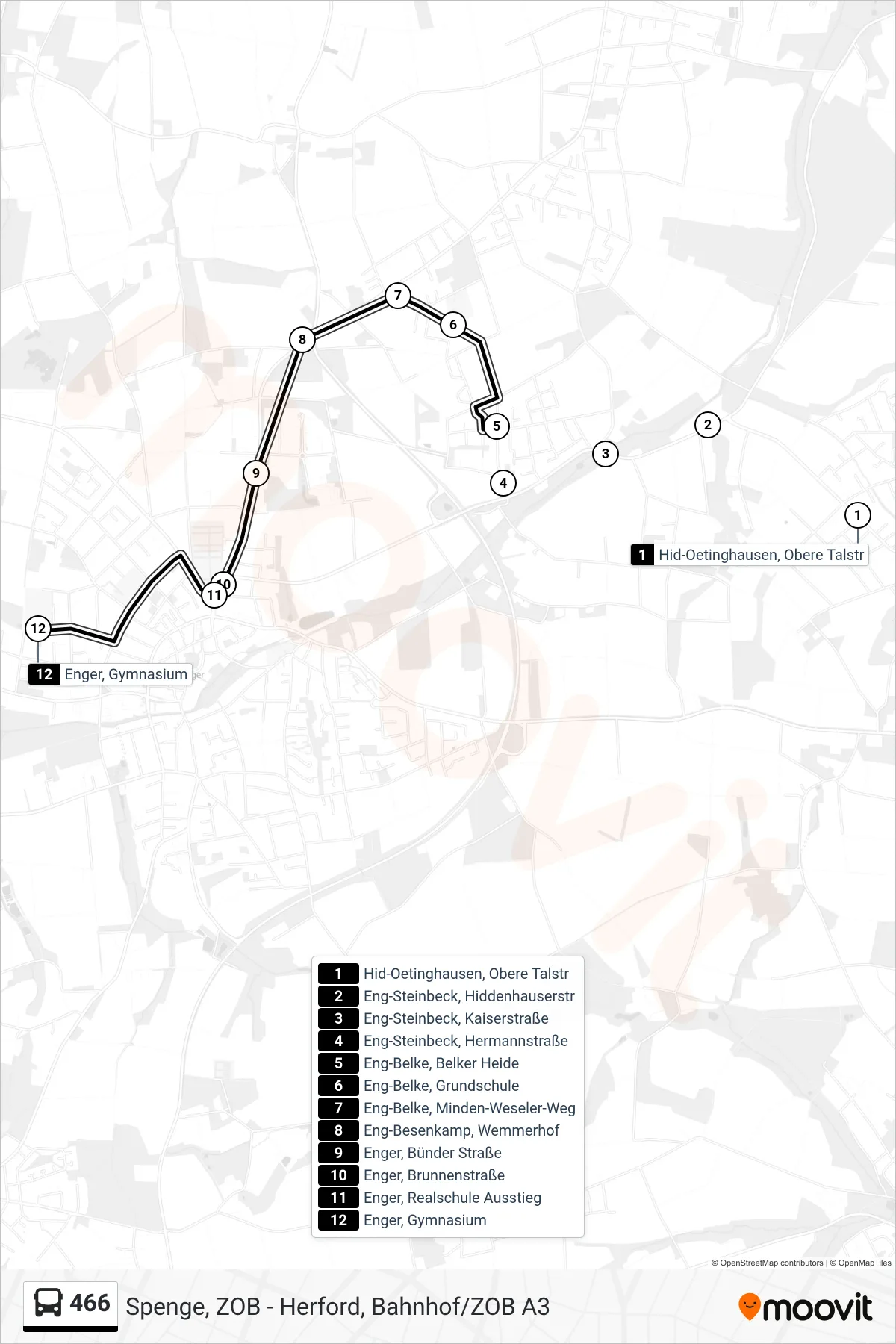 466 bus Line (Enger, Gymnasium) route and stops on a map