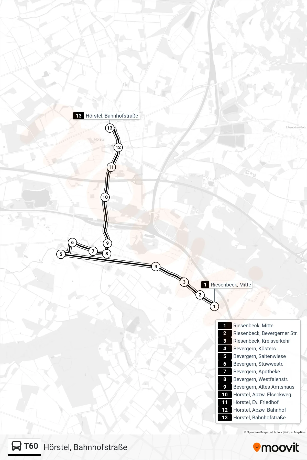 T60 bus Line (Hörstel, Bahnhofstraße) route and stops on a map