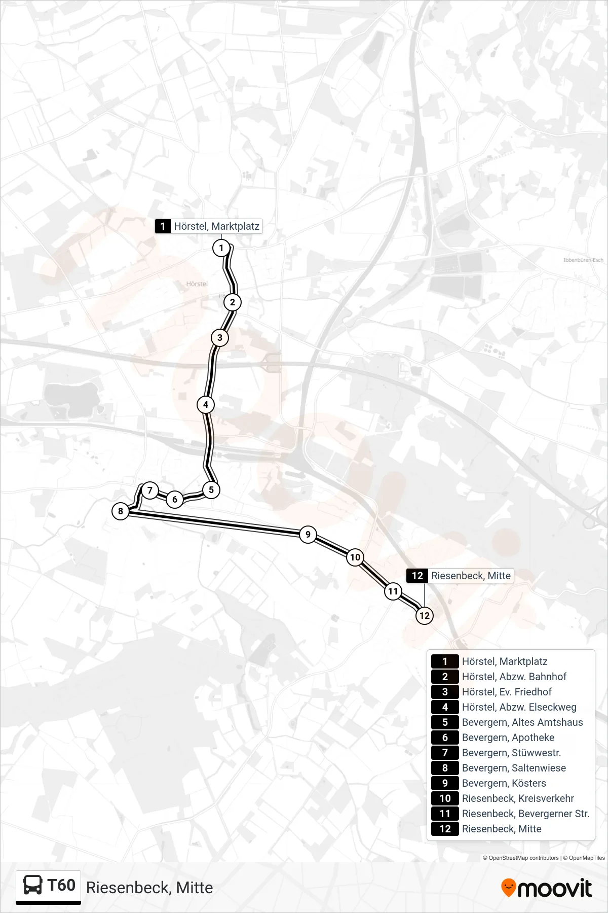 Linie T60 (Bus) Richtung Riesenbeck, Mitte: Route und Haltestellen auf der Karte