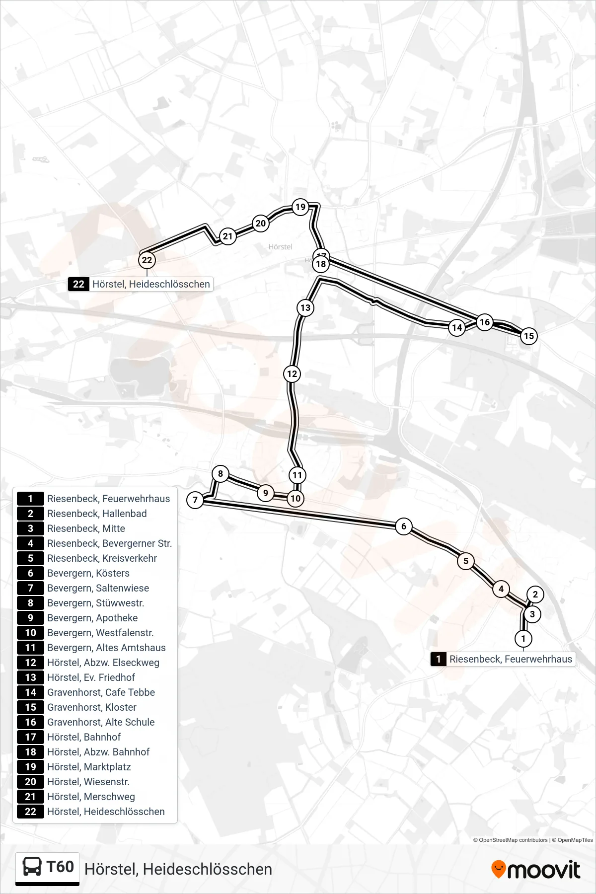 T60 bus Line (Hörstel, Heideschlösschen) route and stops on a map