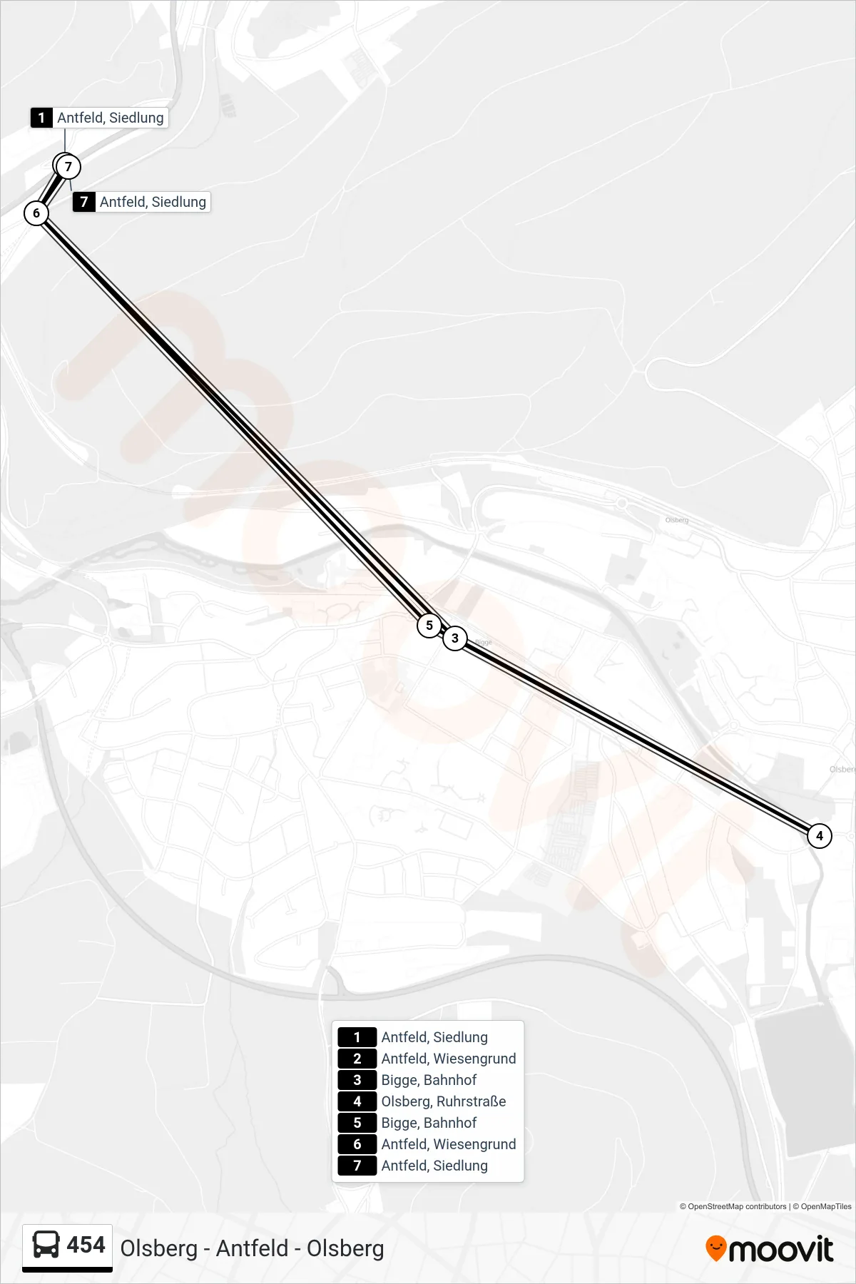 454 bus Line (Antfeld, Siedlung) route and stops on a map