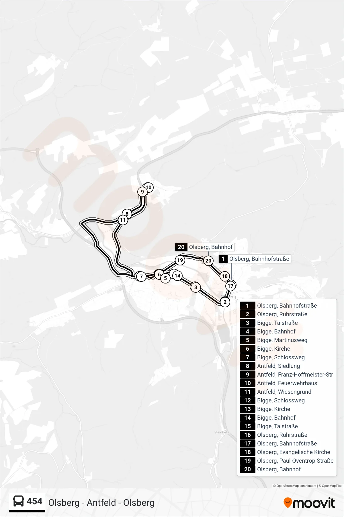454 bus Line (Olsberg, Bahnhof A) route and stops on a map