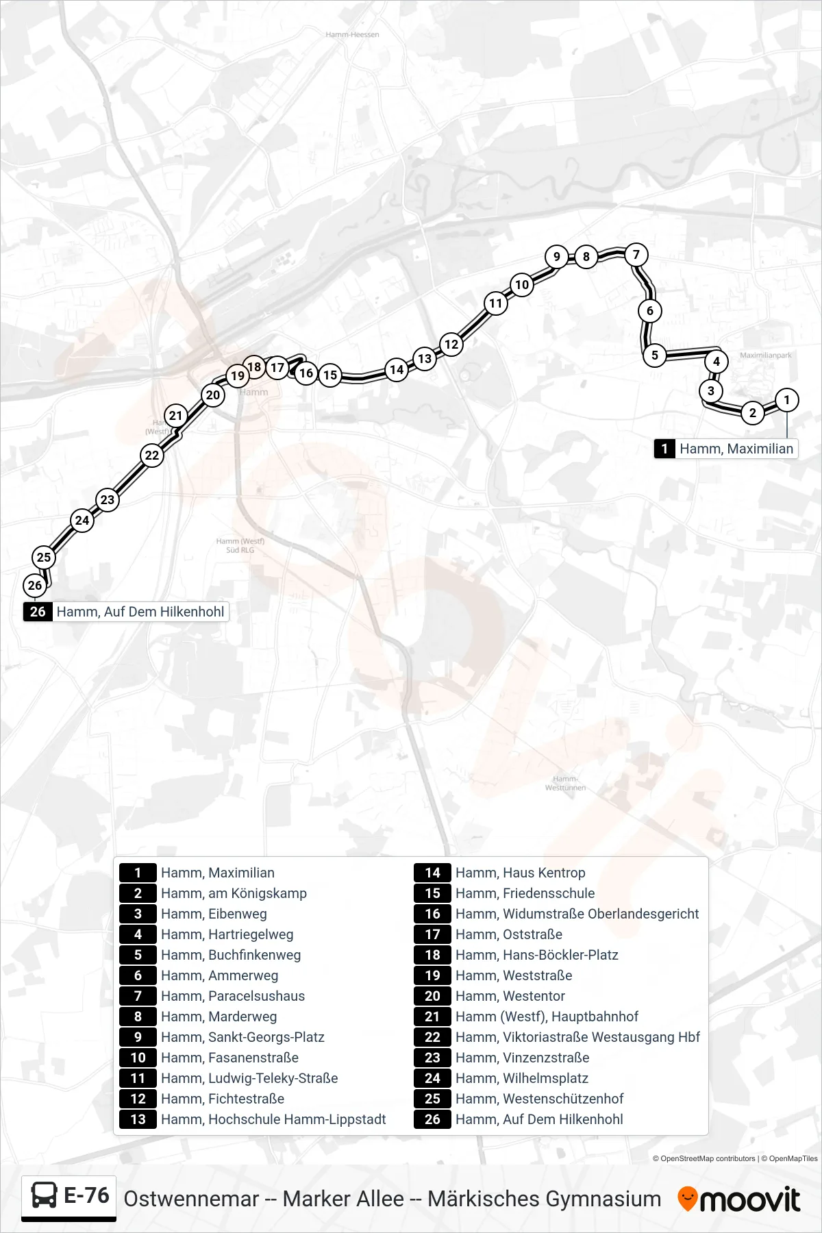 Linie E-76 (Bus) Richtung Hamm, Auf Dem Hilkenhohl: Route und Haltestellen auf der Karte