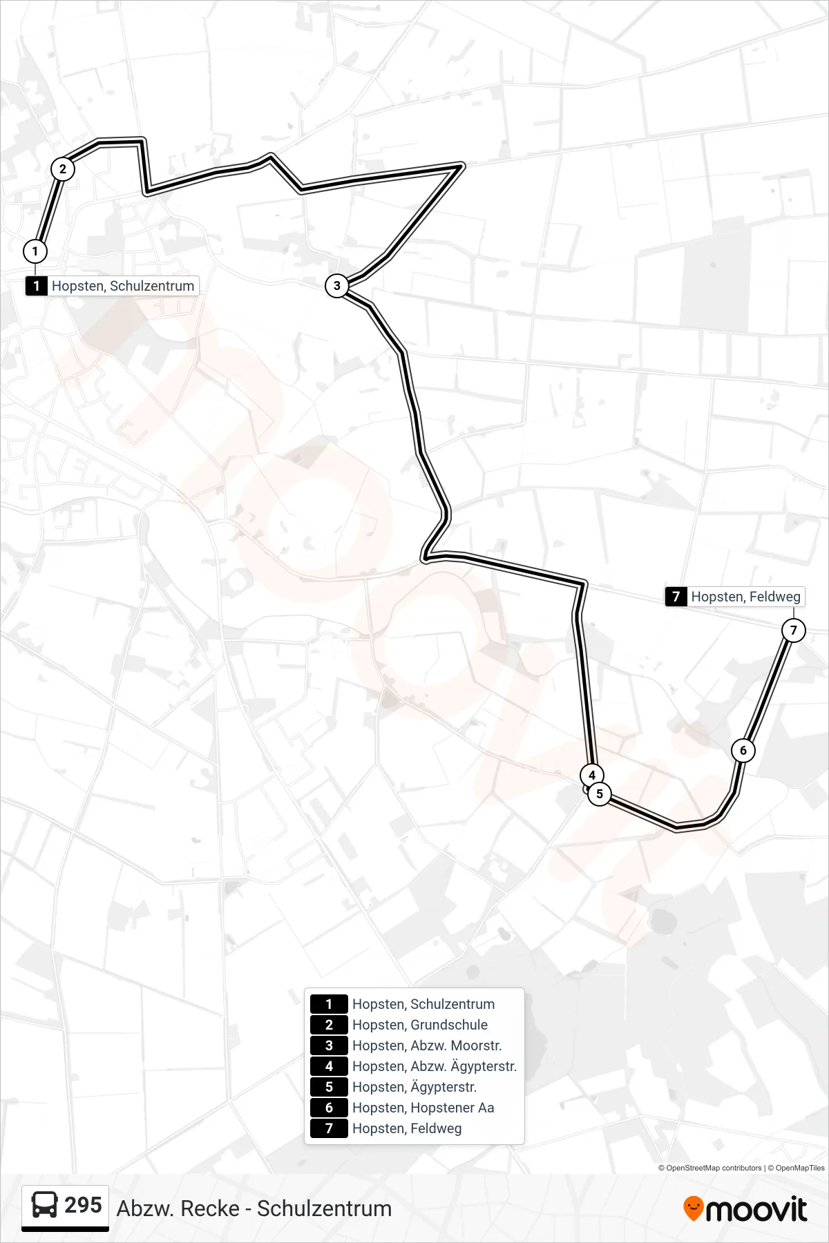 295 bus Line (Hopsten, Feldweg) route and stops on a map
