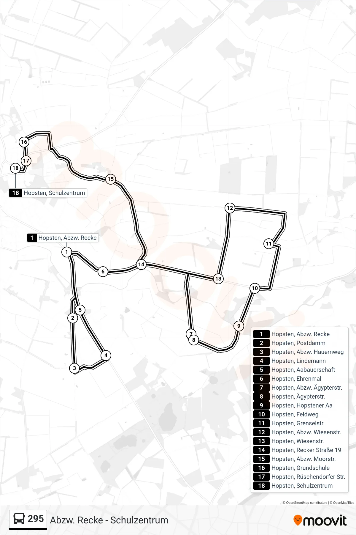 295 bus Line (Hopsten, Schulzentrum) route and stops on a map