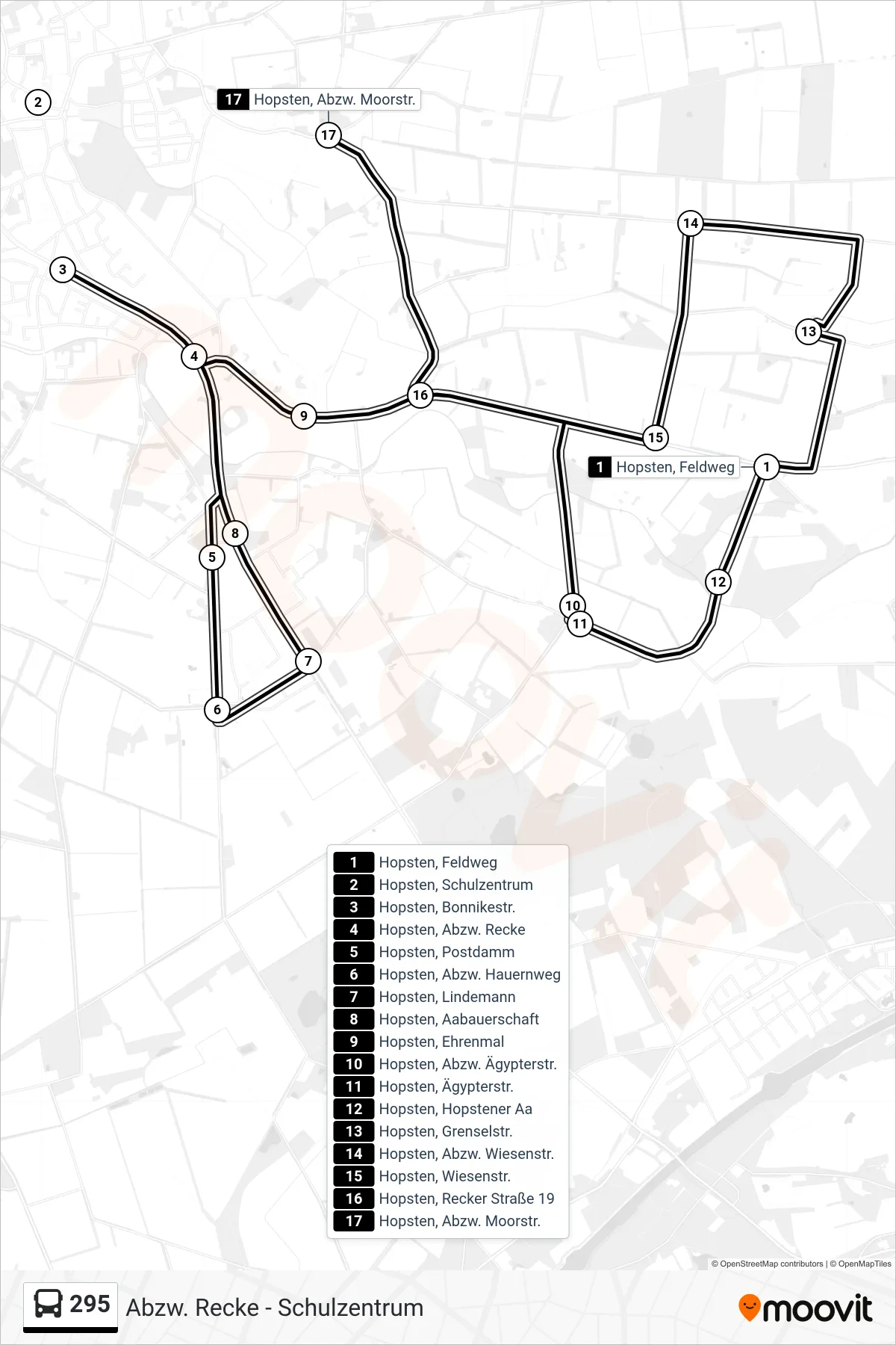295 bus Line (Hopsten, Abzw. Moorstr.) route and stops on a map