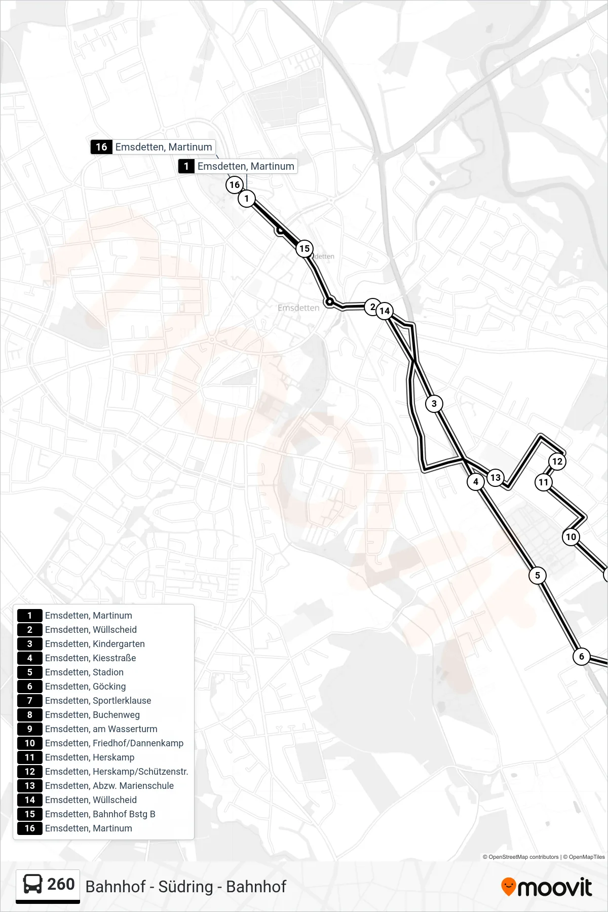 260 bus Line (Emsdetten, Martinum) route and stops on a map