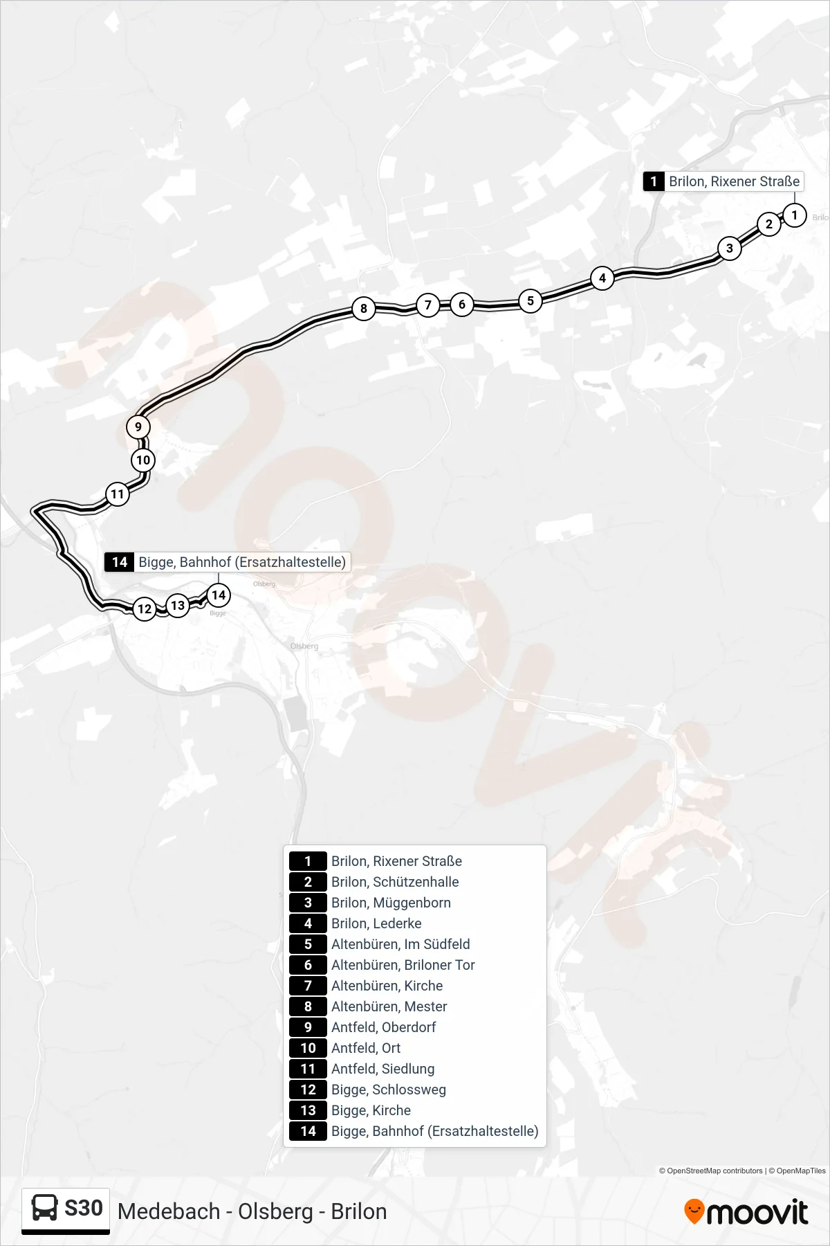 S30 bus Line (Bigge, Bahnhof (Ersatzhaltestelle)) route and stops on a map