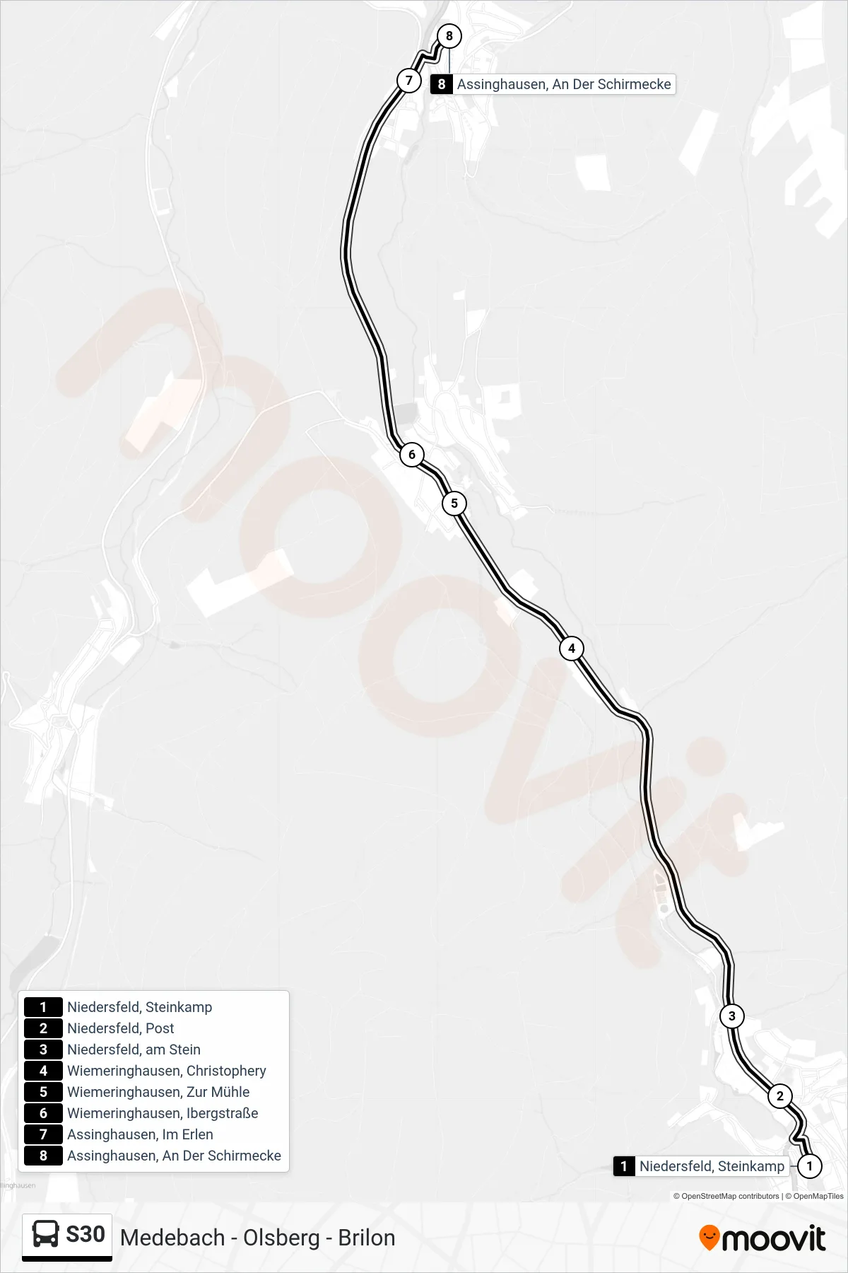S30 bus Line (Assinghausen, An Der Schirmecke) route and stops on a map