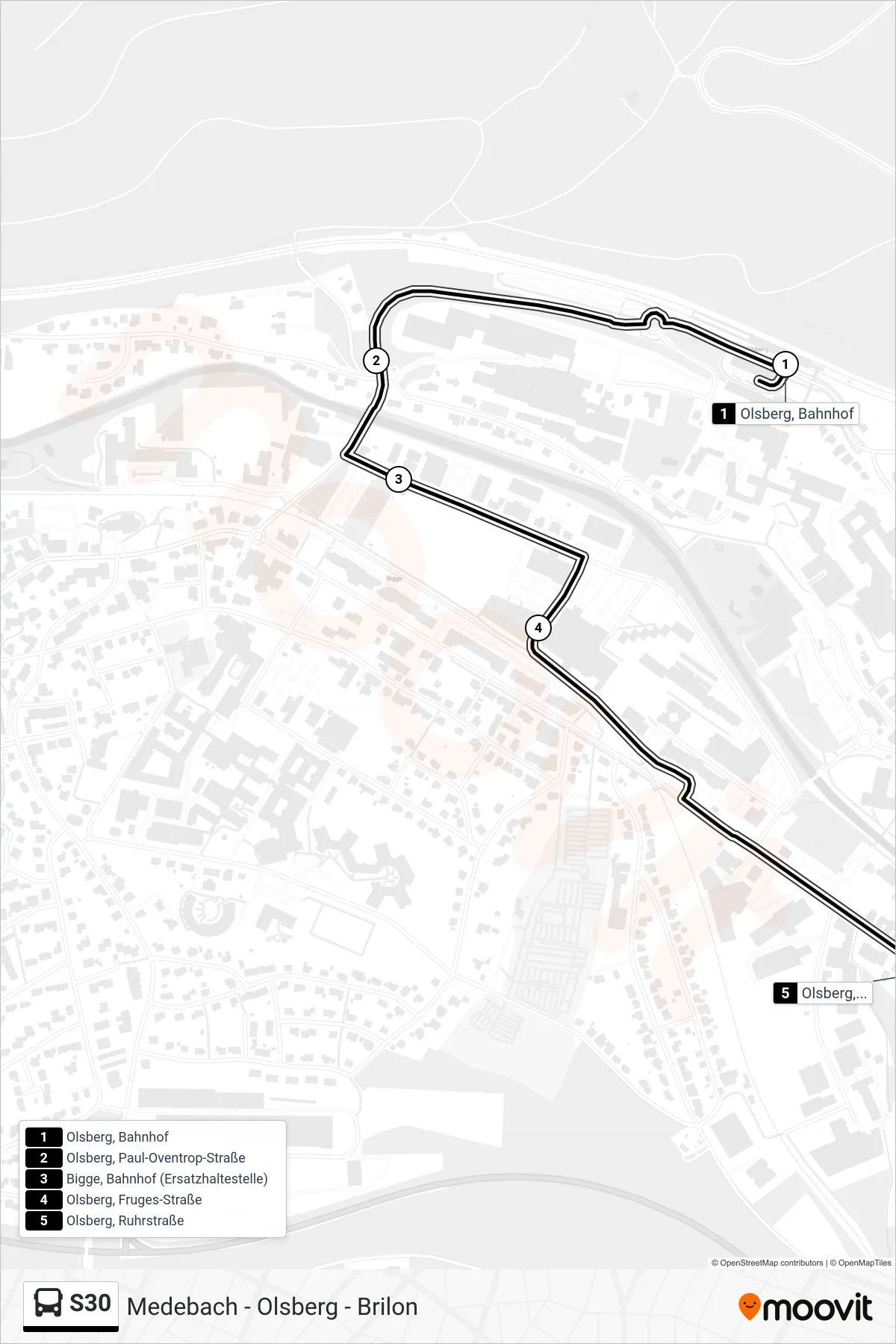 S30 bus Line (Olsberg, Ruhrstraße) route and stops on a map