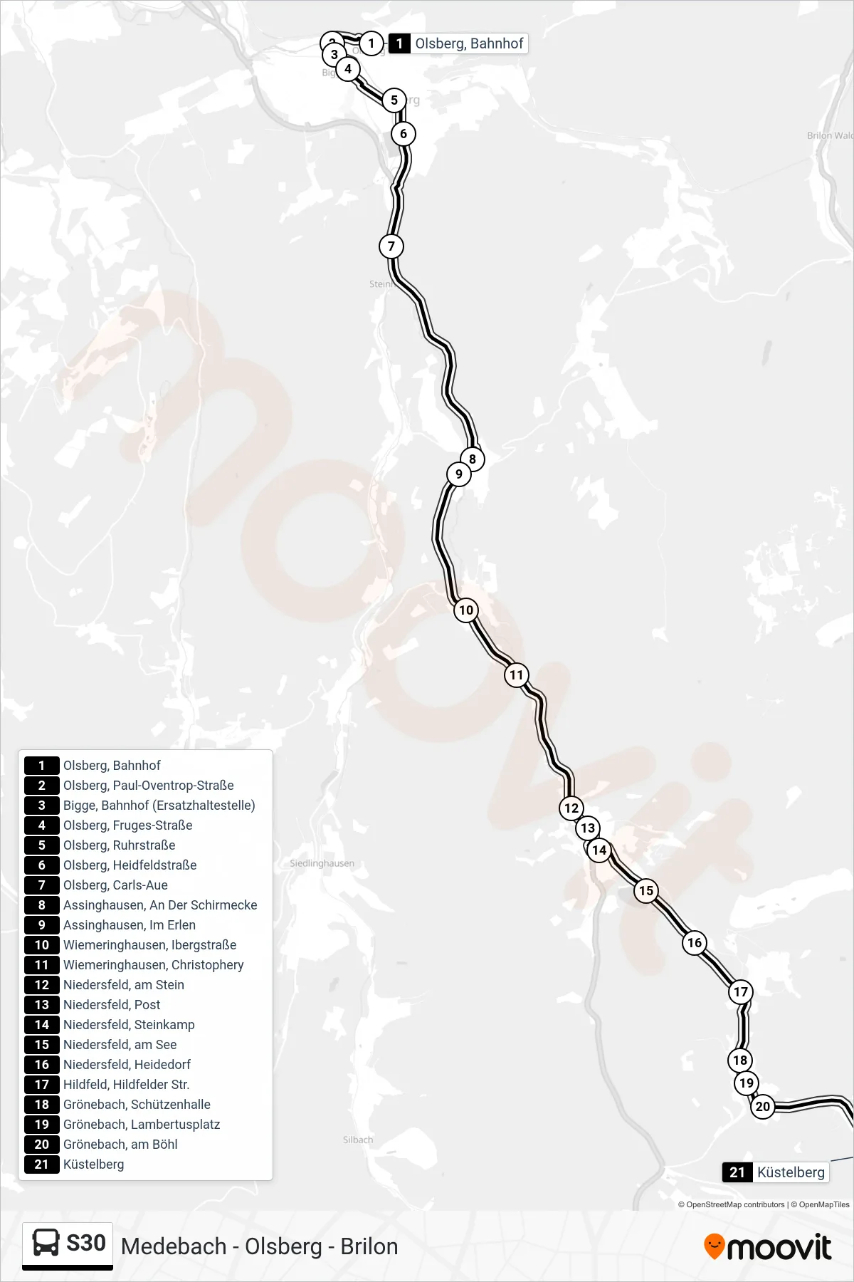 S30 bus Line (Küstelberg) route and stops on a map