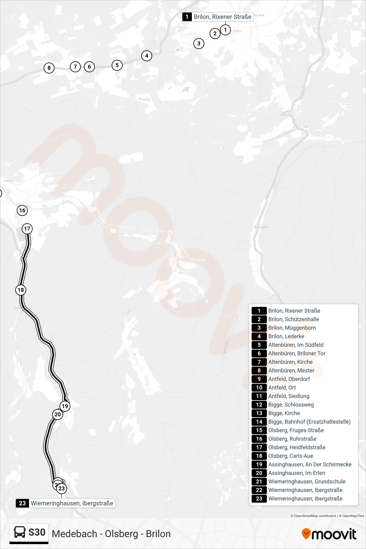 S30 bus Line (Wiemeringhausen, Ibergstraße) route and stops on a map