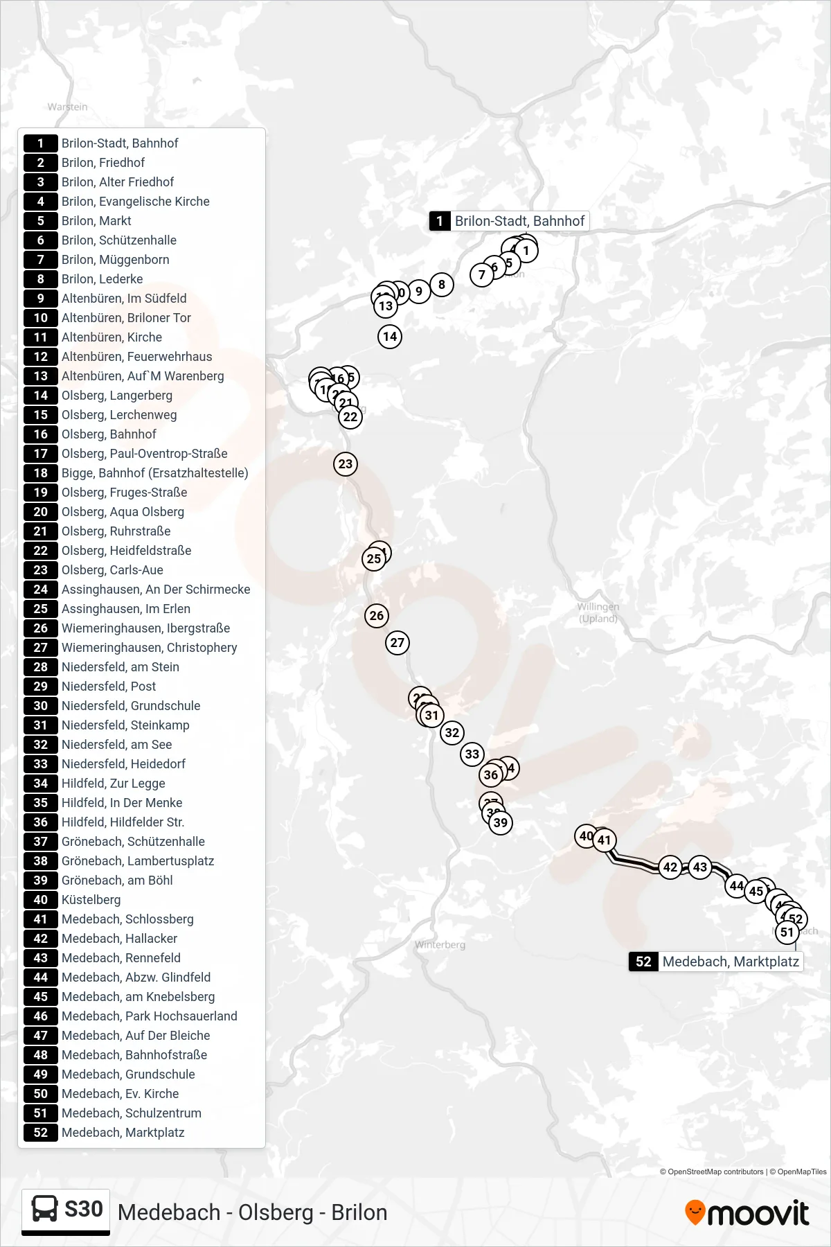 S30 bus Line (Medebach, Marktplatz) route and stops on a map