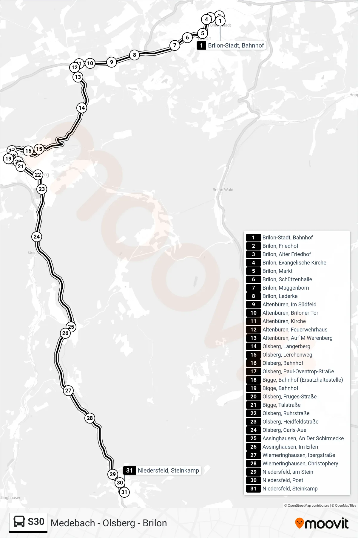 Linie S30 (Bus) Richtung Niedersfeld, Steinkamp: Route und Haltestellen auf der Karte
