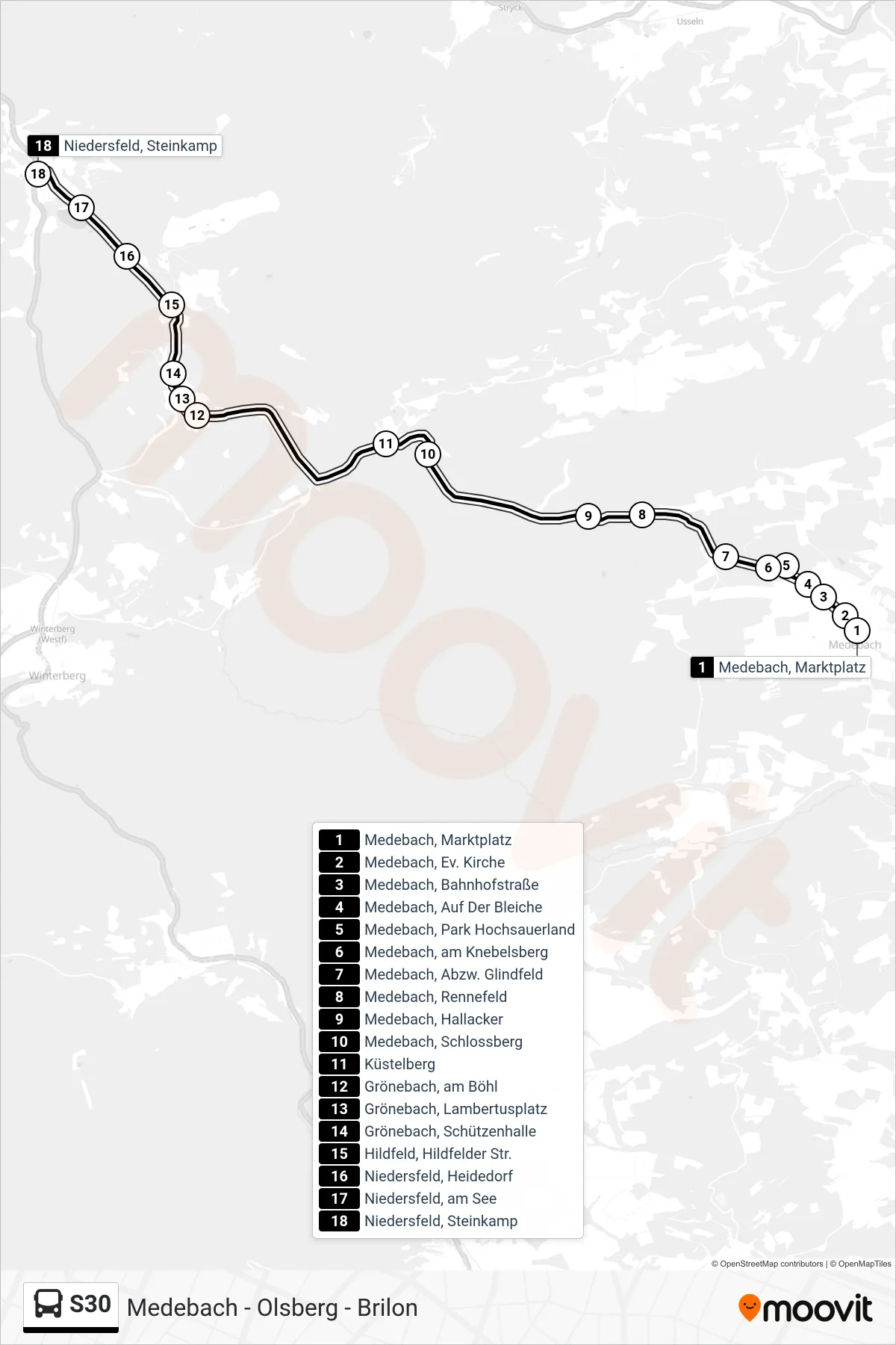 S30 bus Line (Niedersfeld, Steinkamp) route and stops on a map