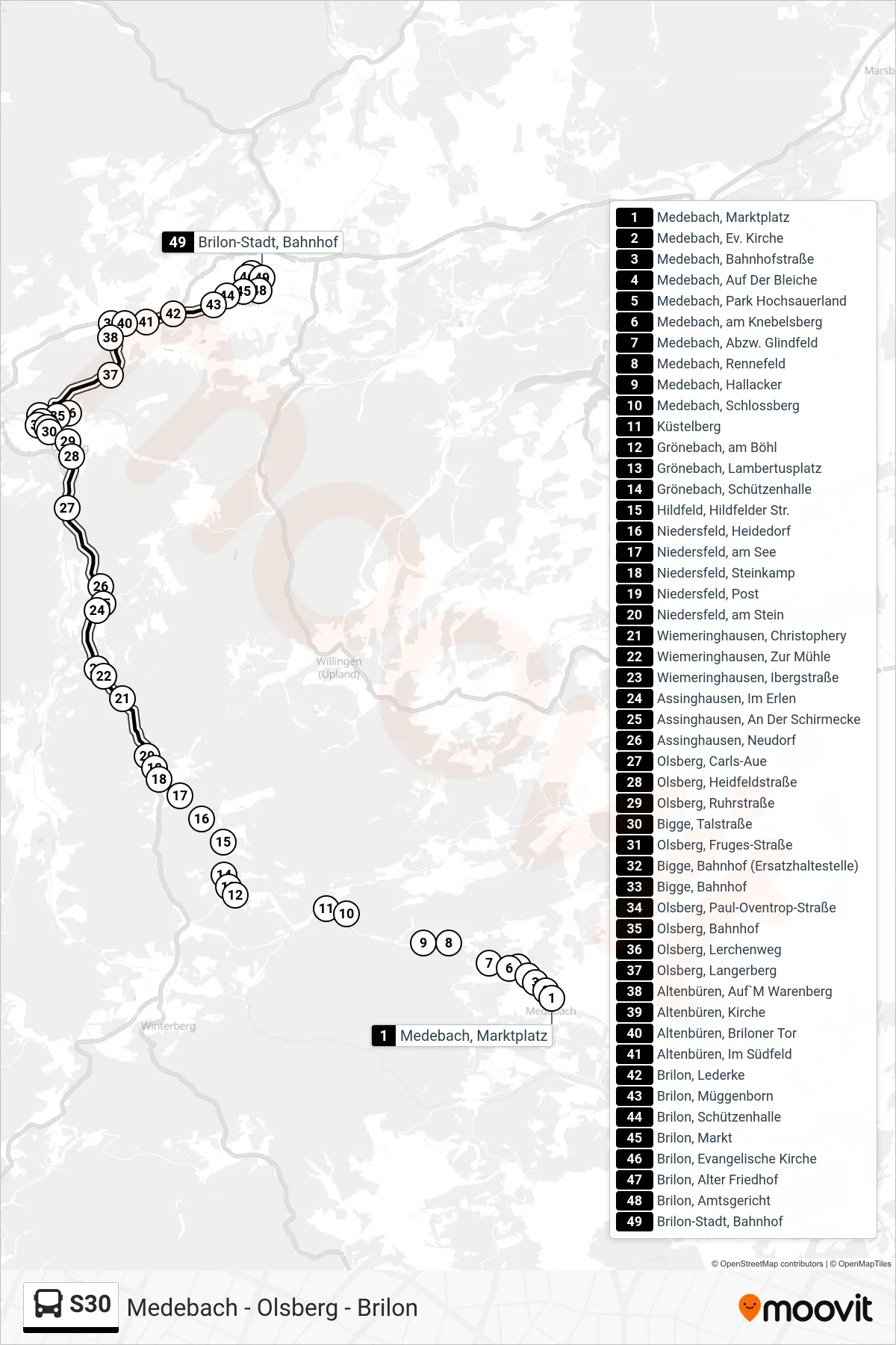 Linie S30 (Bus) Richtung Brilon-Stadt, Bahnhof Bstg A: Route und Haltestellen auf der Karte