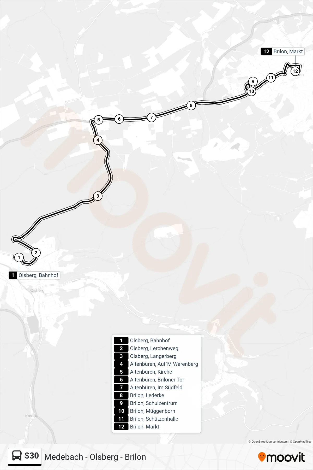 Linie S30 (Bus) Richtung Brilon, Markt Bstg. A: Route und Haltestellen auf der Karte