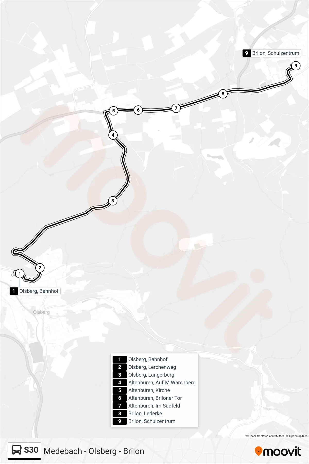 S30 bus Line (Brilon, Schulzentrum D) route and stops on a map