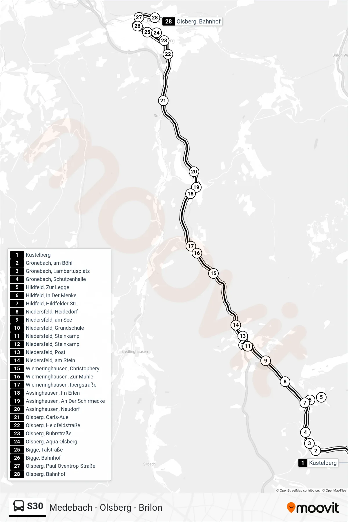 S30 bus Line (Olsberg, Bahnhof A) route and stops on a map