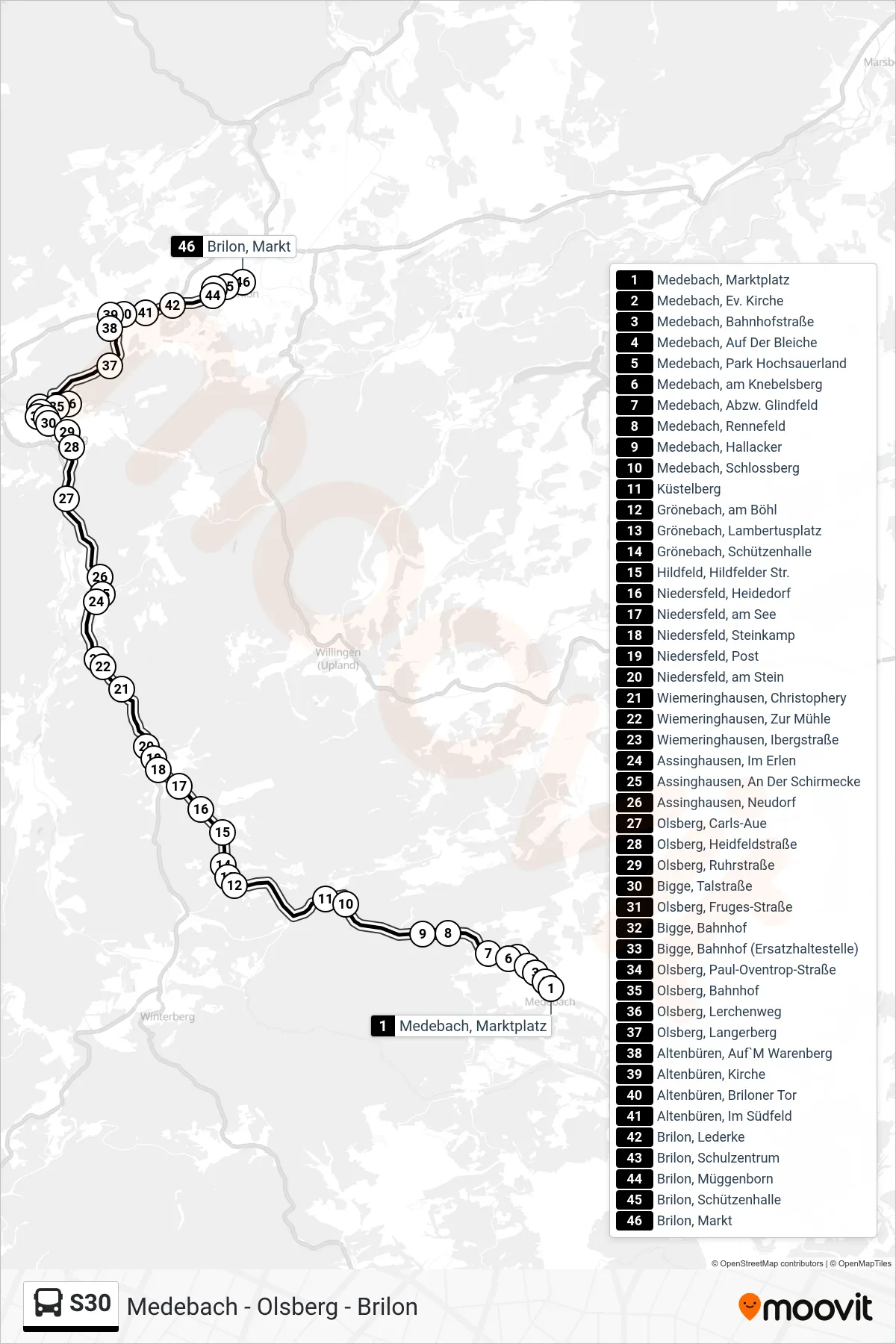 S30 bus Line (Brilon, Markt Bstg. F) route and stops on a map