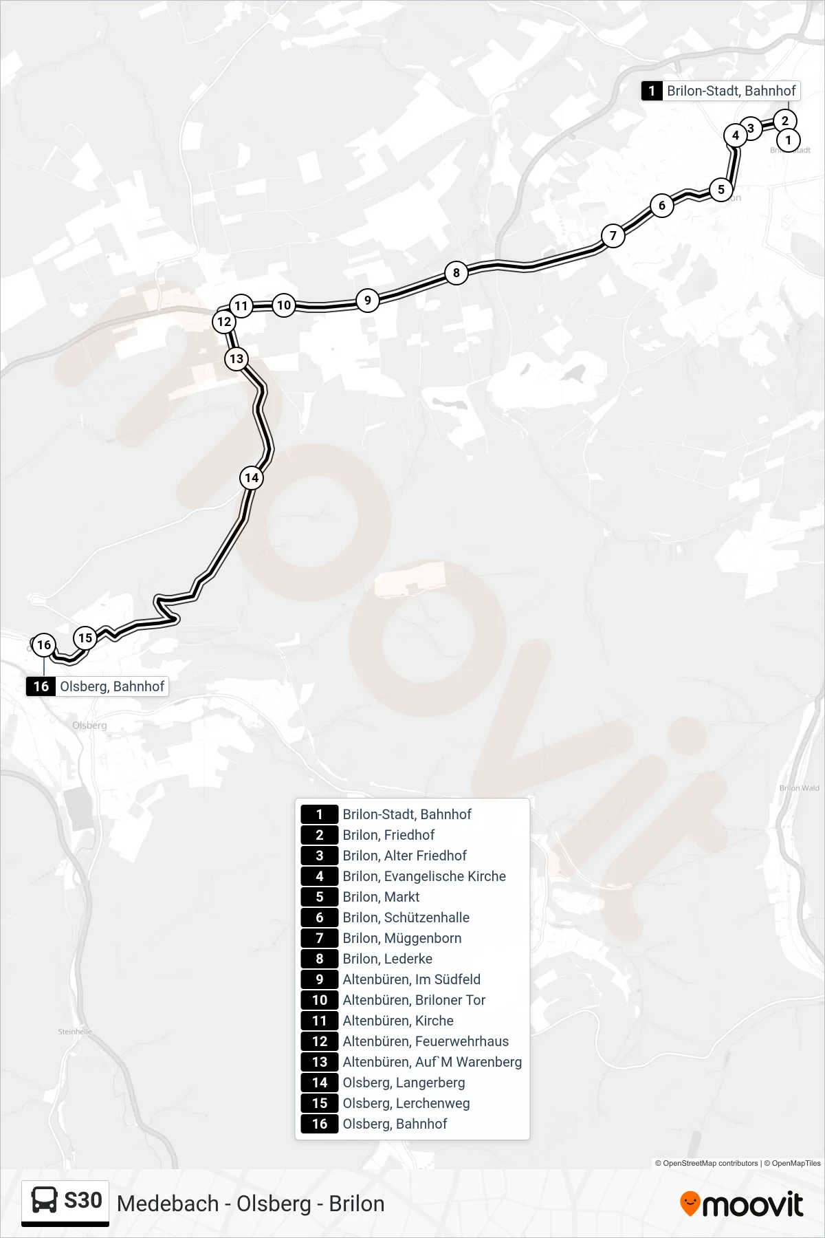 S30 bus Line (Olsberg, Bahnhof D) route and stops on a map