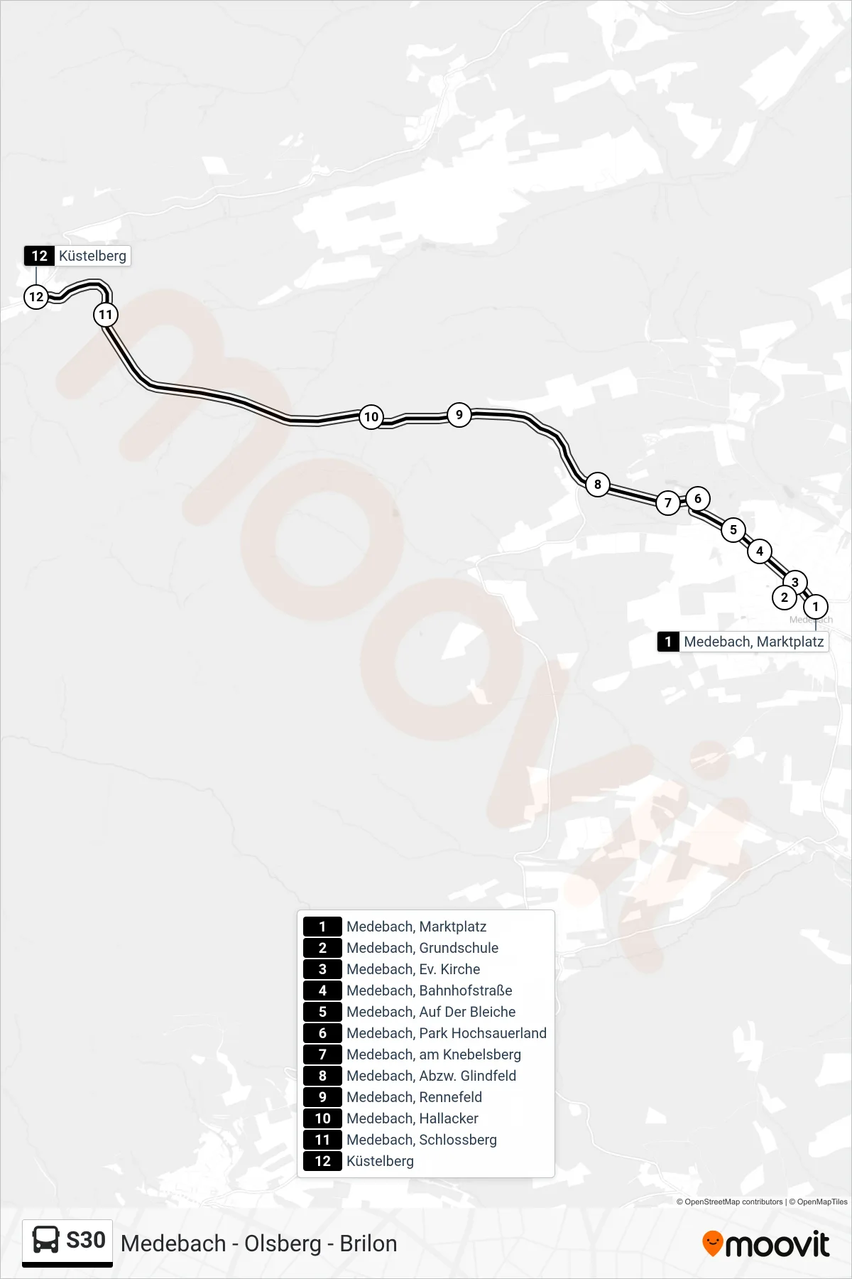 S30 bus Line (Küstelberg) route and stops on a map