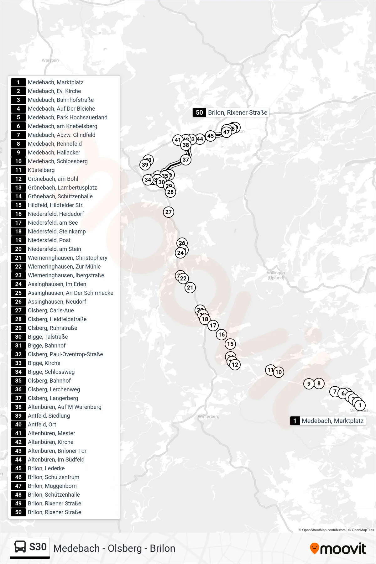 S30 bus Line (Brilon, Rixener Straße) route and stops on a map