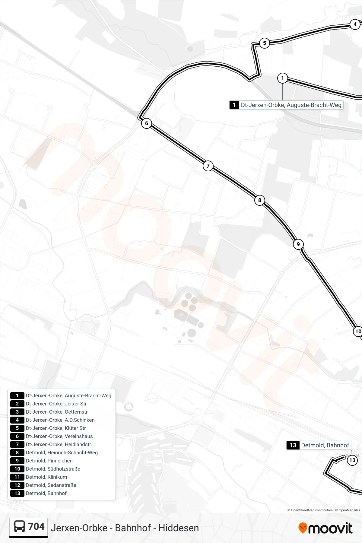 704 bus Line (Bahnhof) route and stops on a map