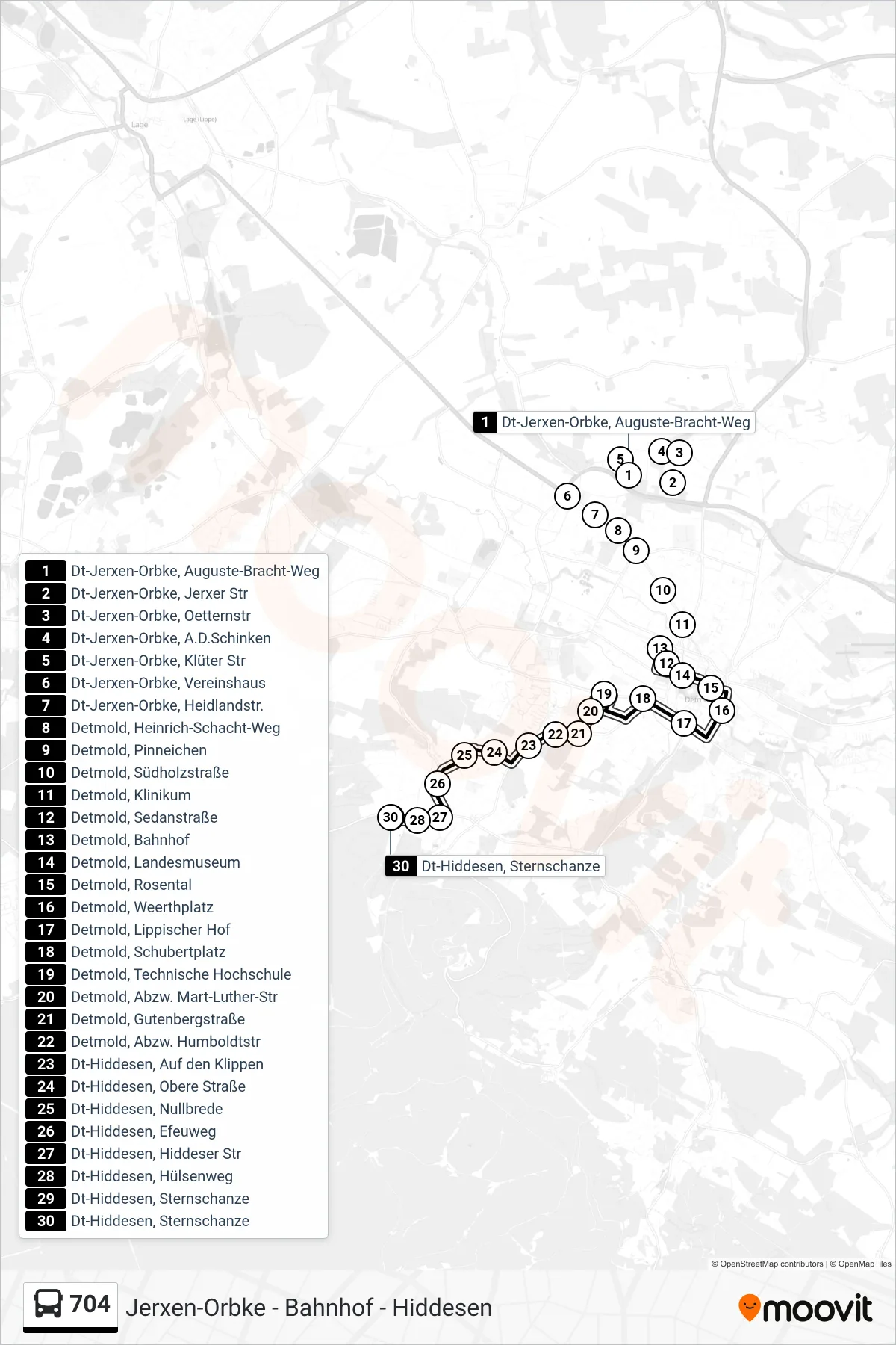 704 bus Line (Hiddesen) route and stops on a map