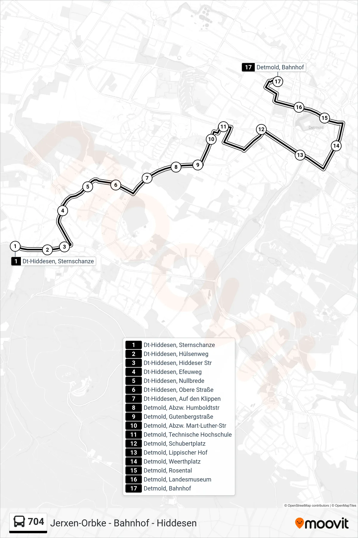Linie 704 (Bus) Richtung Detmold, Bahnhof Steig 4: Route und Haltestellen auf der Karte