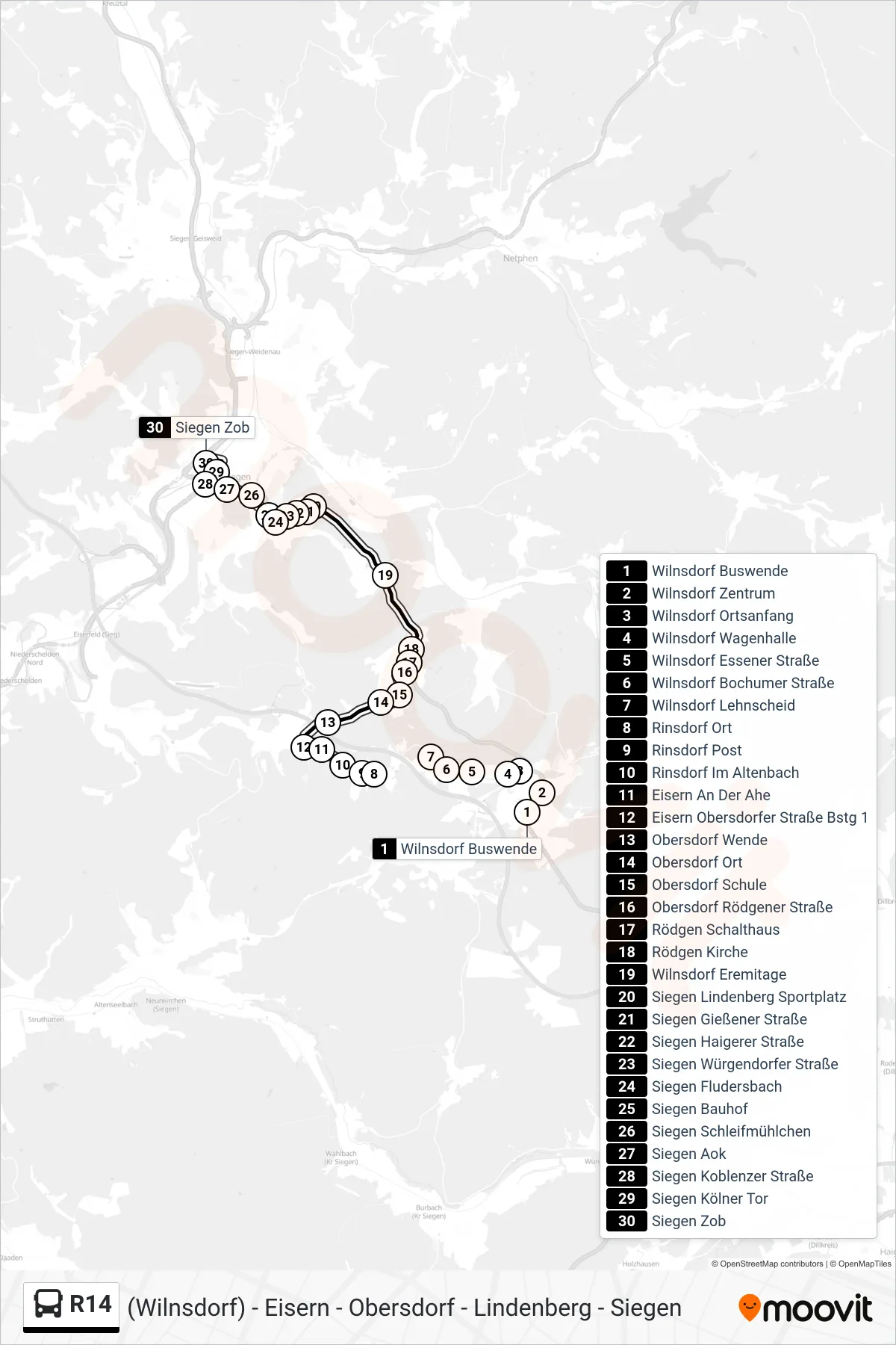 R14 bus Line (Siegen Zob Bstg A) route and stops on a map
