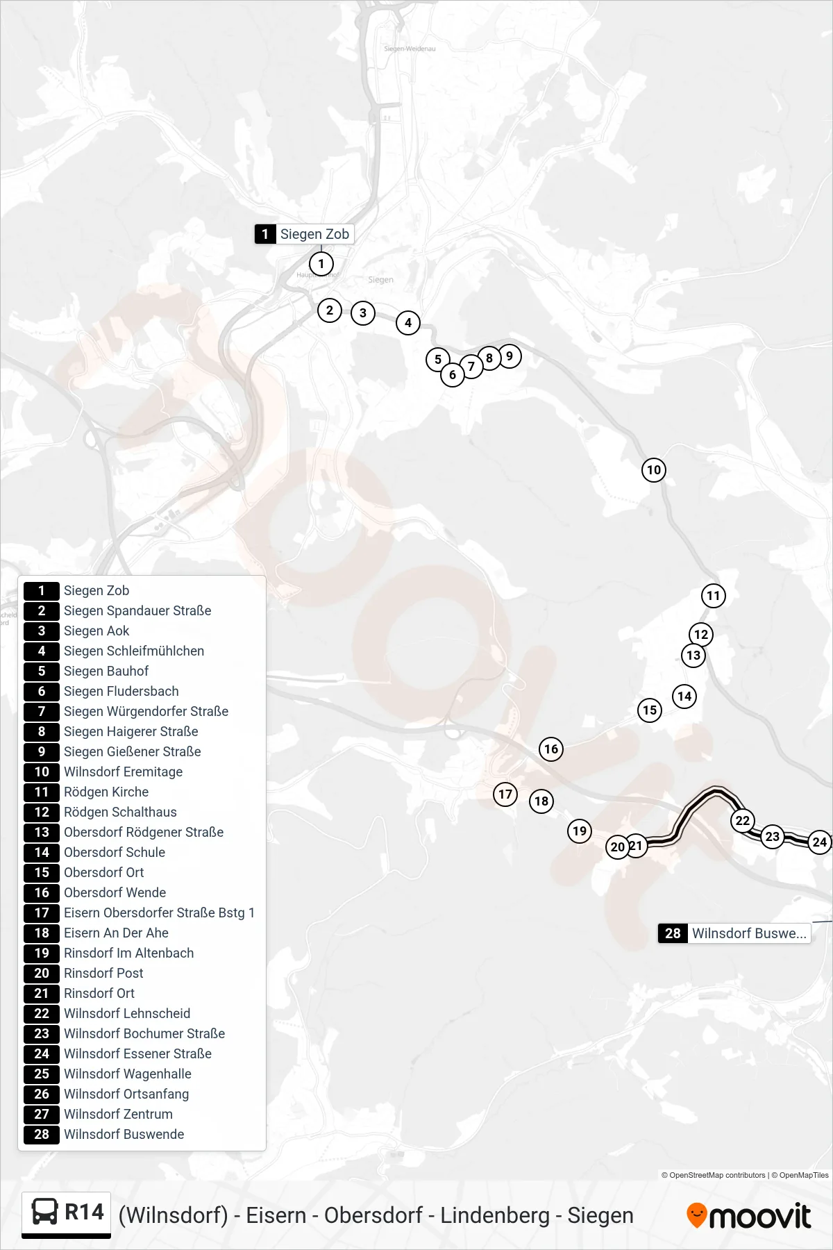 R14 bus Line (Wilnsdorf Buswende) route and stops on a map