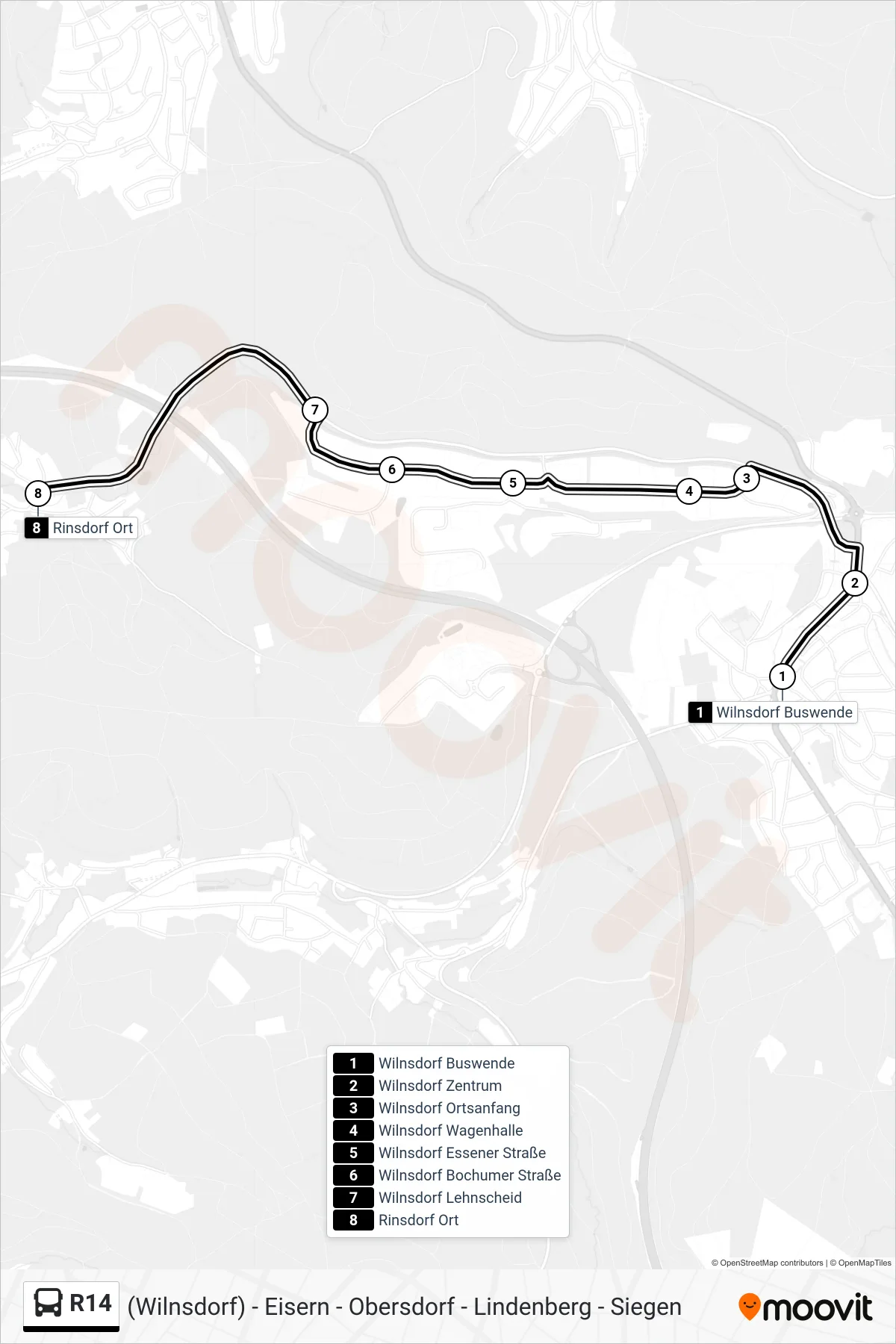 R14 bus Line (Rinsdorf Ort) route and stops on a map