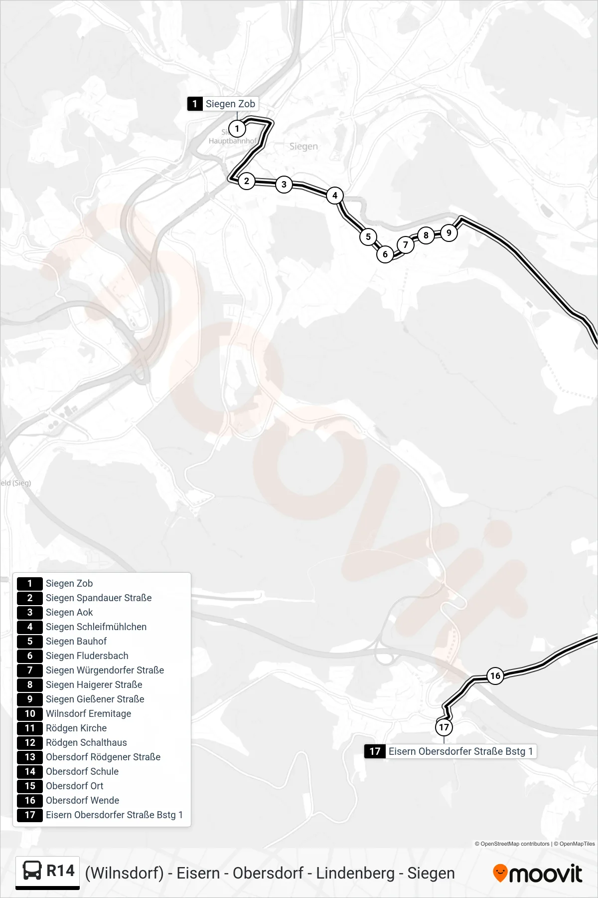 R14 bus Line (Eisern Obersdorfer Straße Bstg 1) route and stops on a map