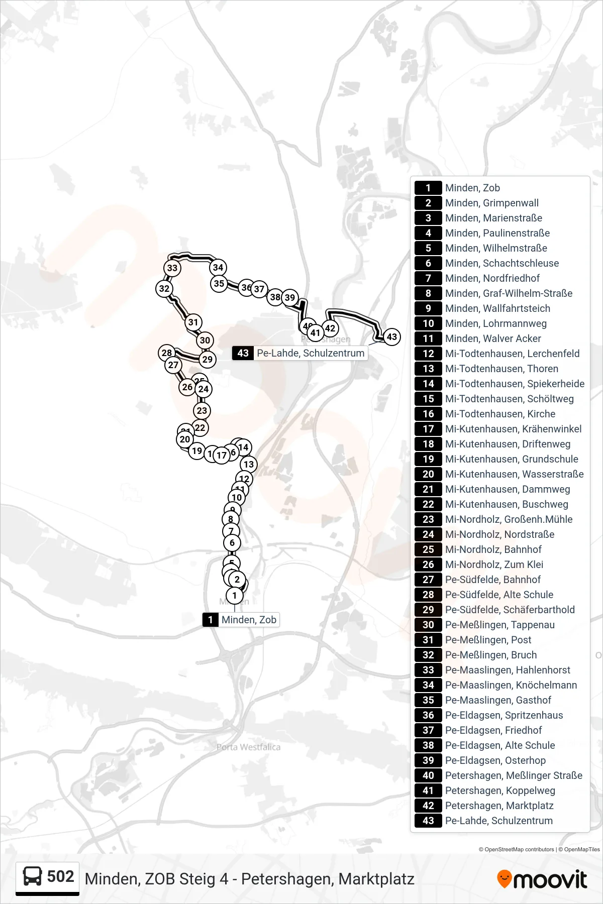 502 bus Line (Lahde Schulzentrum) route and stops on a map
