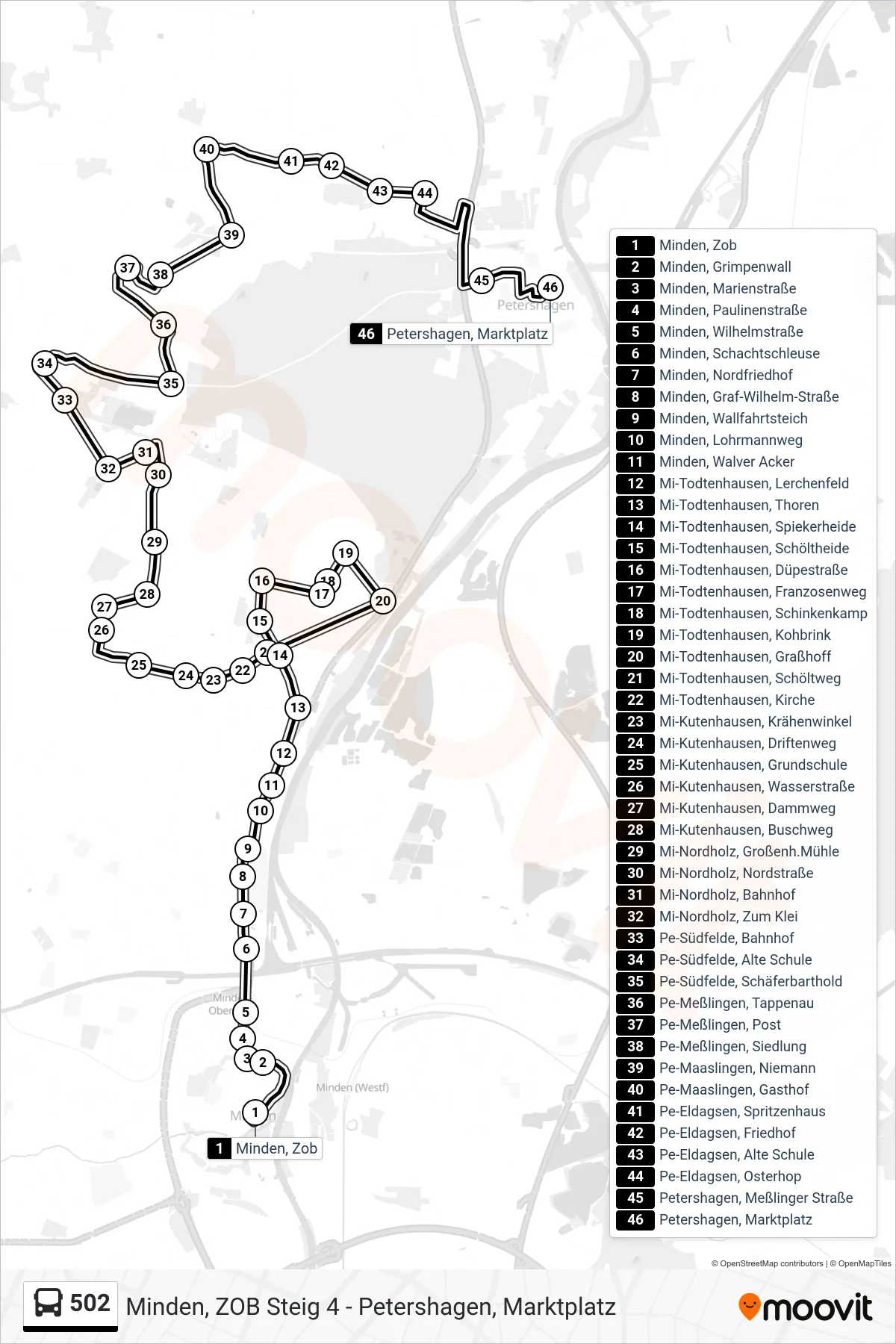 502 bus Line (Petershagen Über Linie 501) route and stops on a map