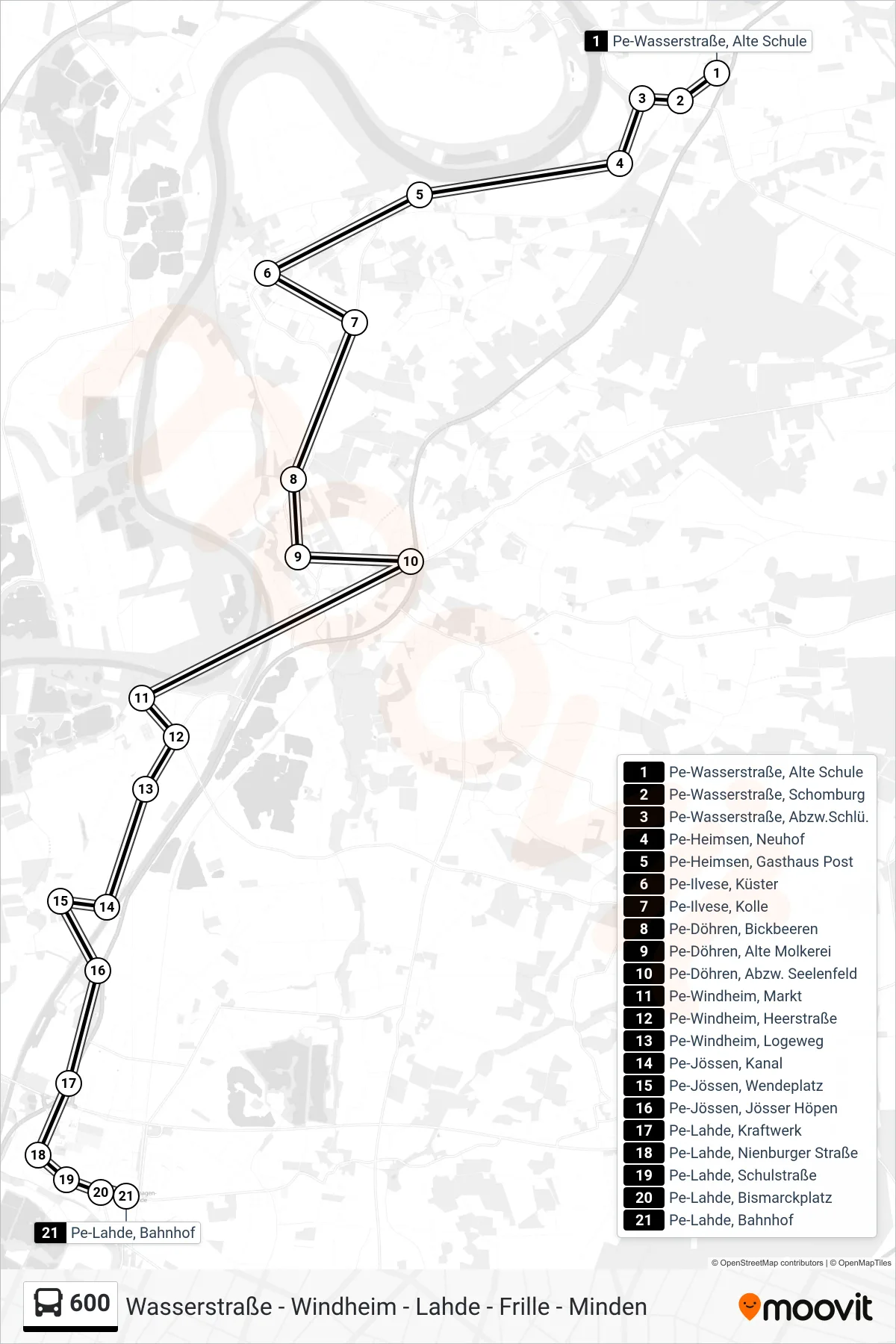 600 bus Line (Pe-Lahde, Bahnhof) route and stops on a map
