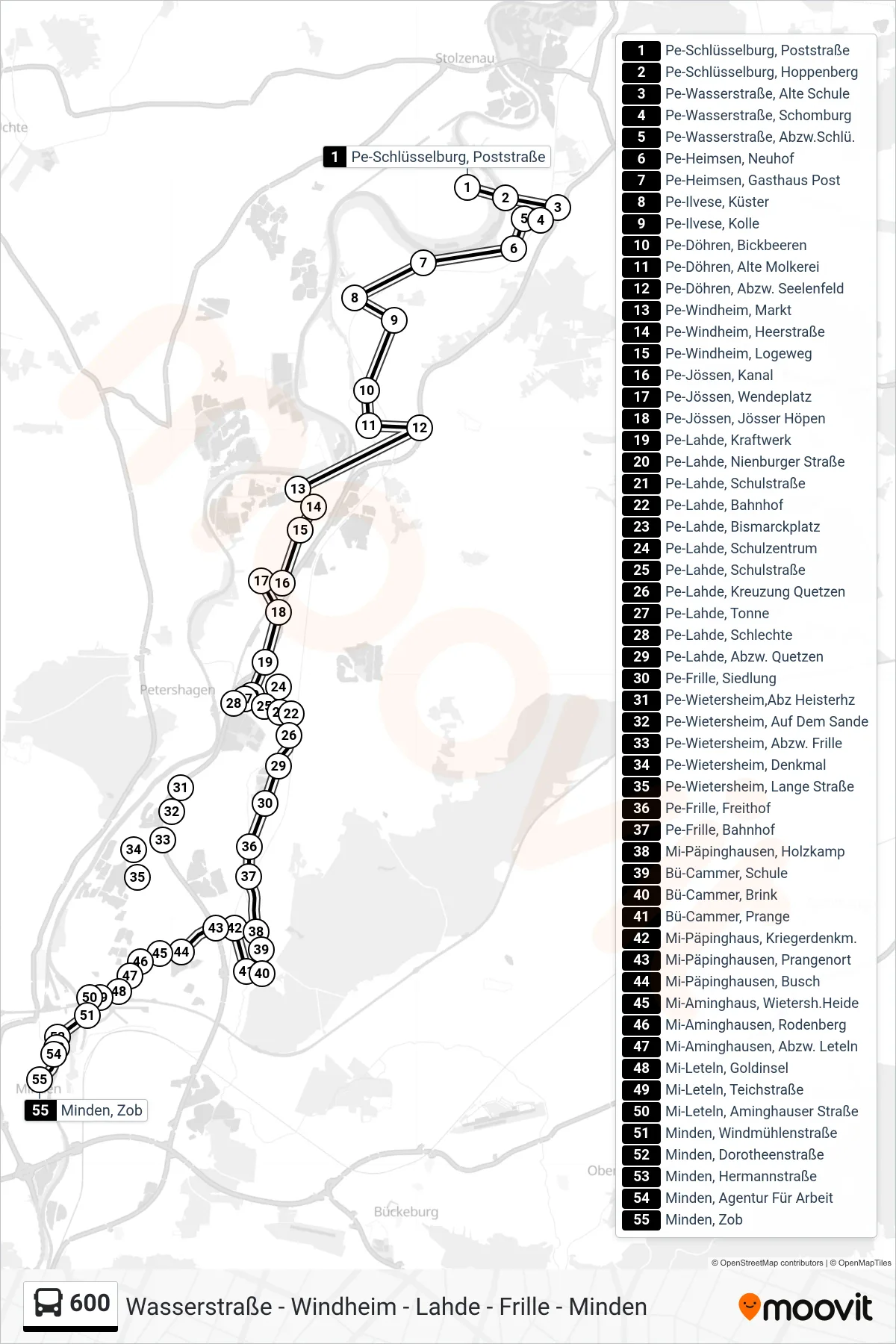 600 bus Line (Minden, Zob) route and stops on a map
