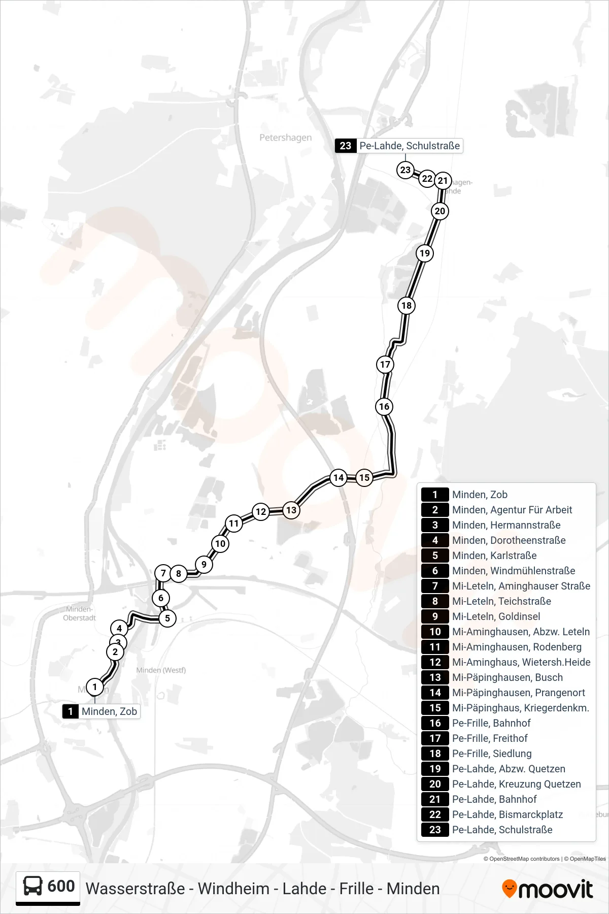 600 bus Line (Pe-Lahde, Schulstraße) route and stops on a map