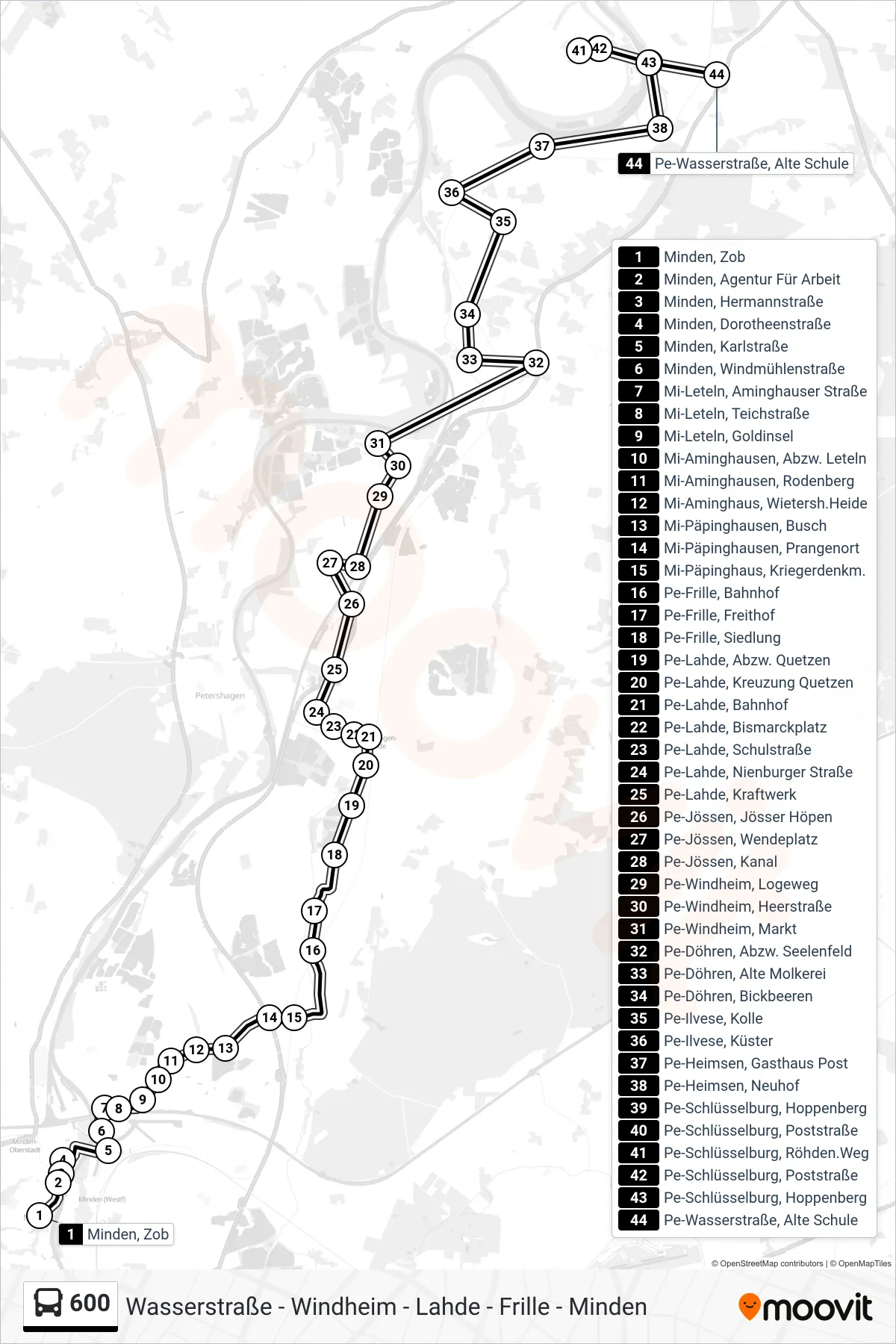 600 bus Line (Pe-Wasserstraße, Alte Schule) route and stops on a map