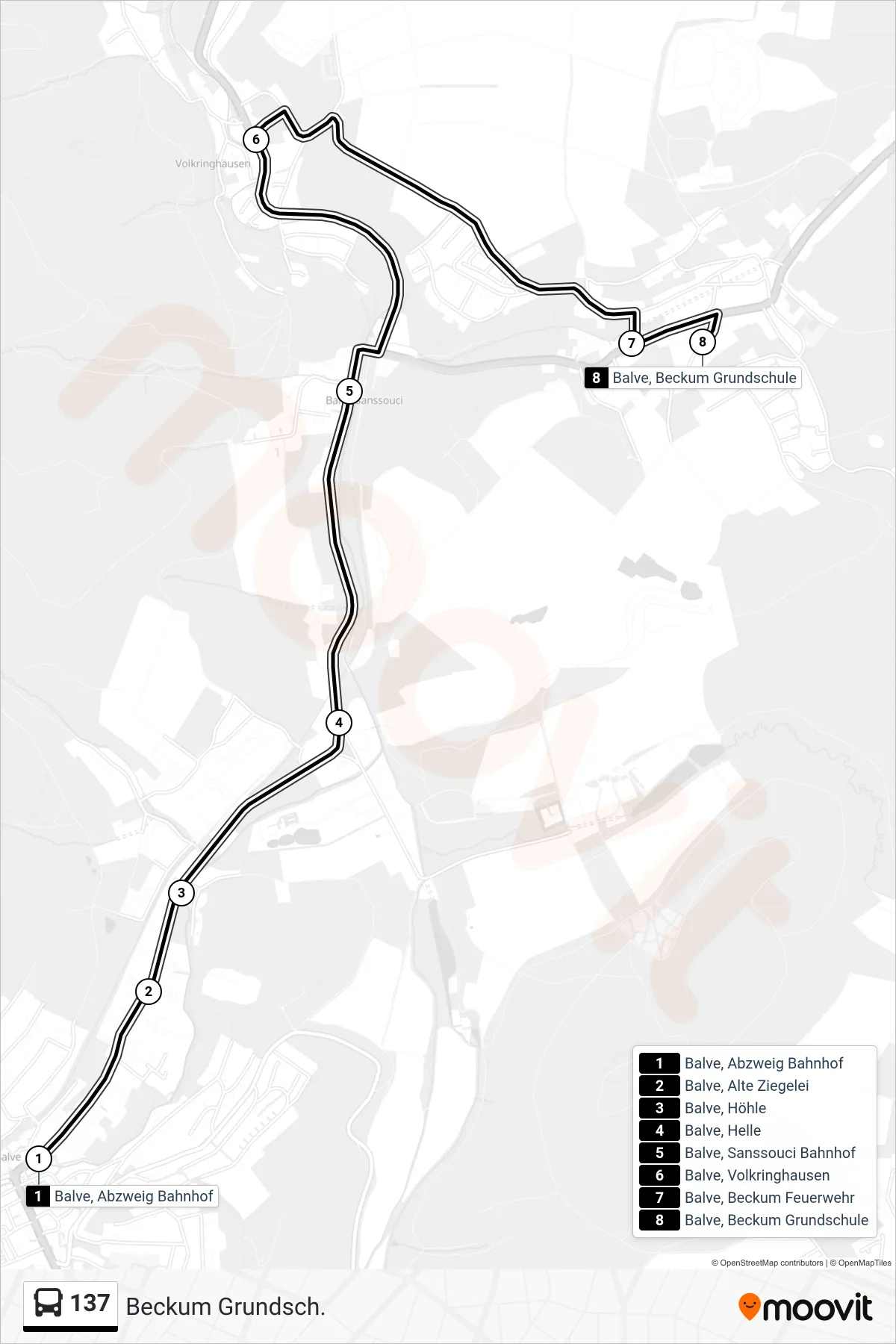 137 bus Line (Beckum Grundsch.) route and stops on a map