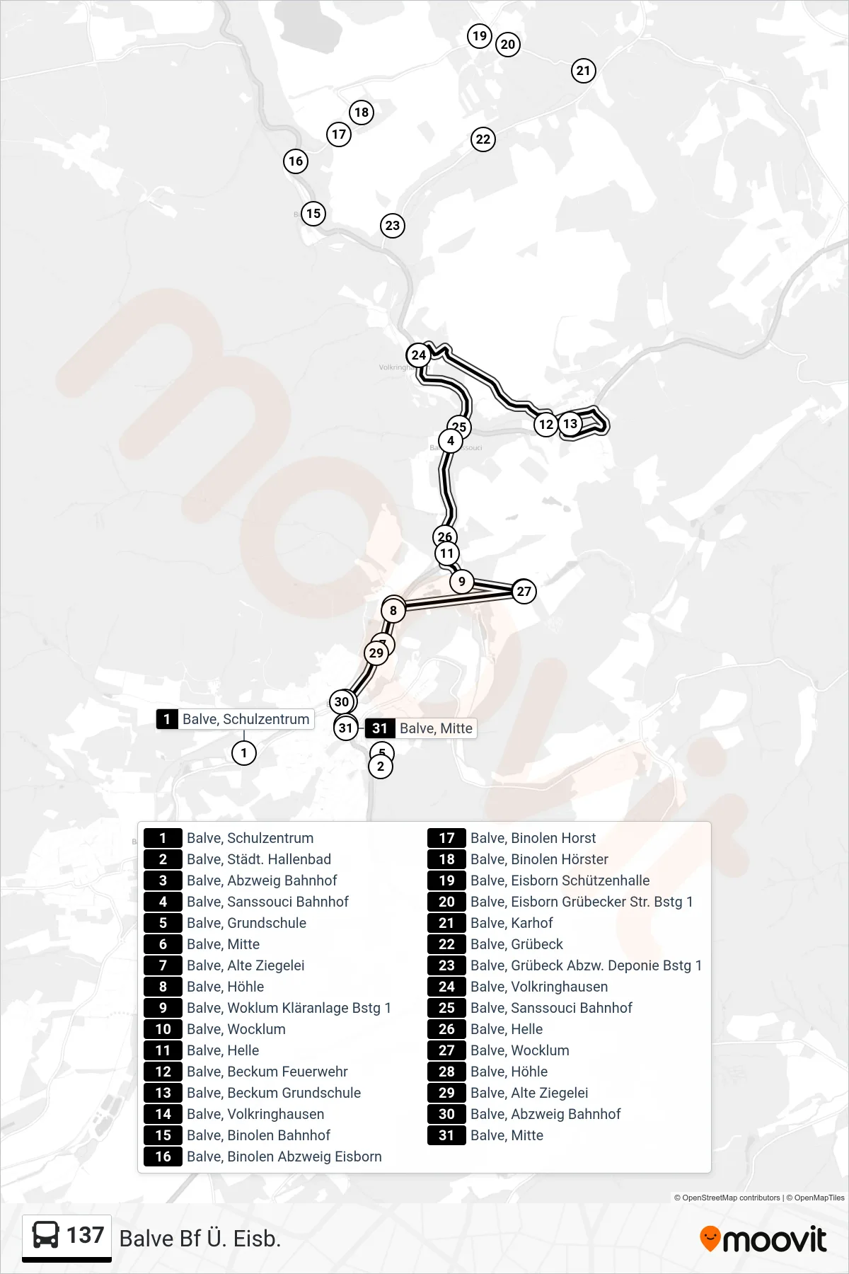 137 bus Line (Balve Bf Ü. Eisb.) route and stops on a map